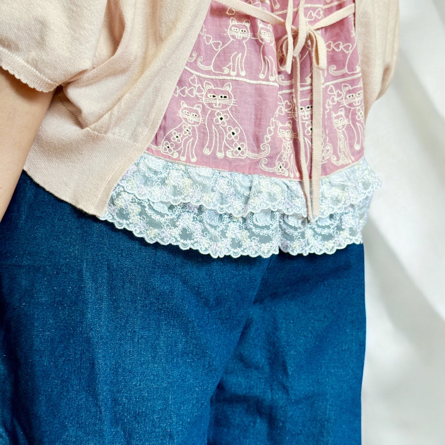 Cat lace fabric cotton cardigan