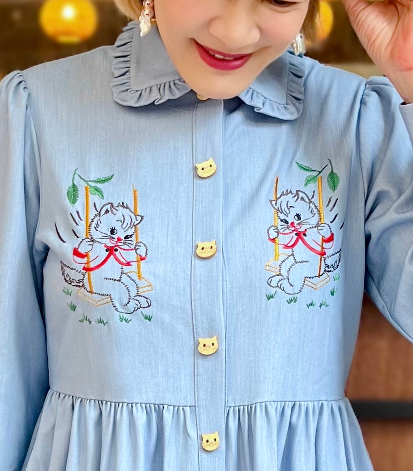 Swinging cats embroidery one piece