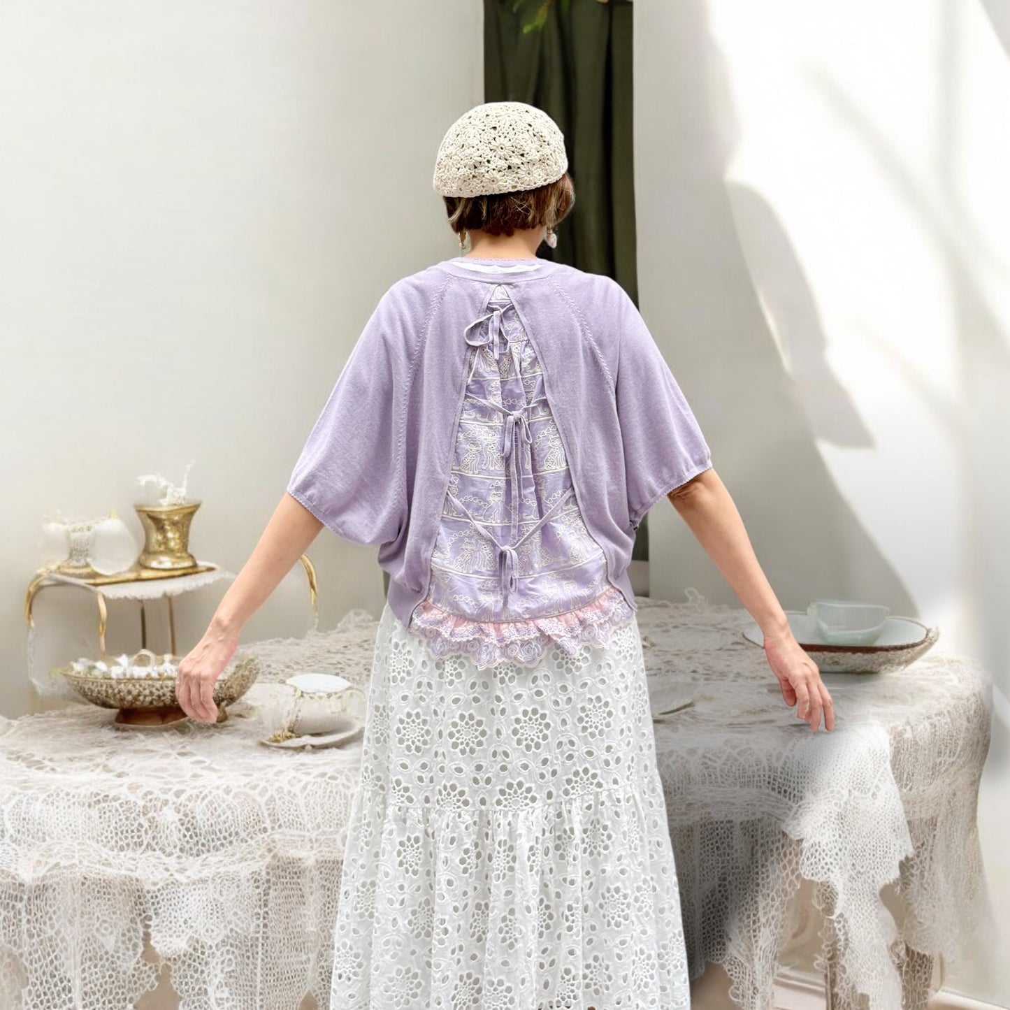 Cat lace fabric cotton cardigan