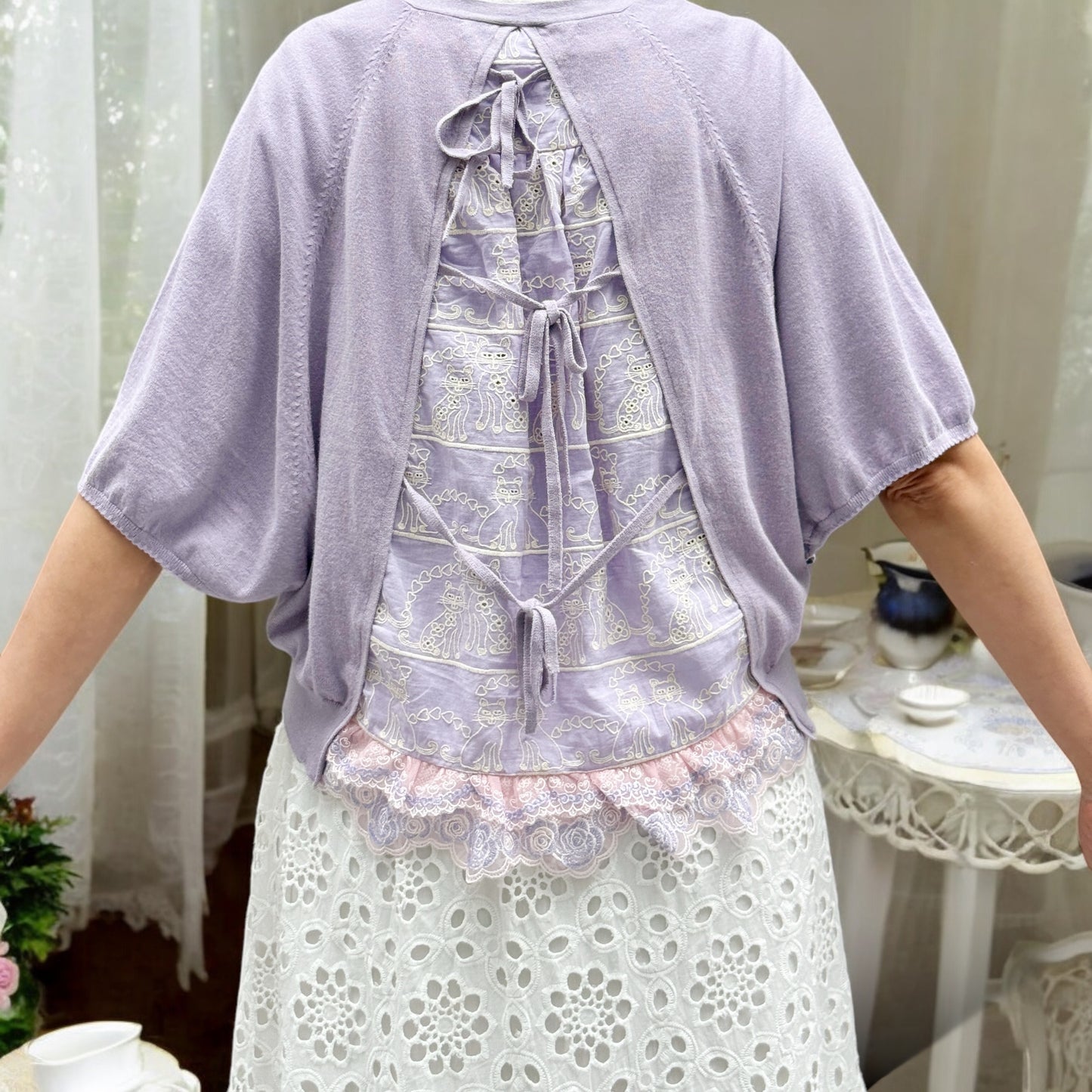 Cat lace fabric cotton cardigan