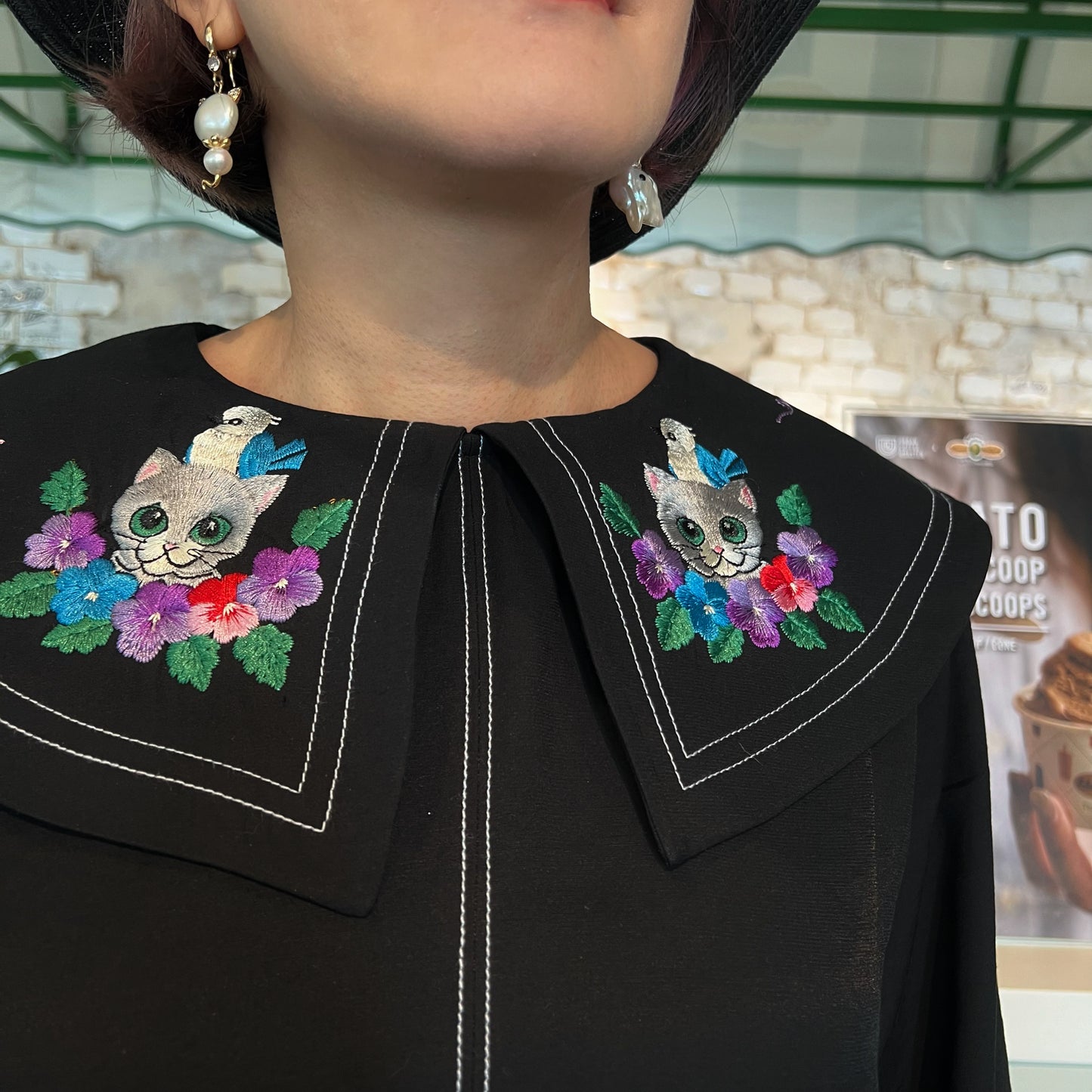 Cat and bird’s embroidery dress