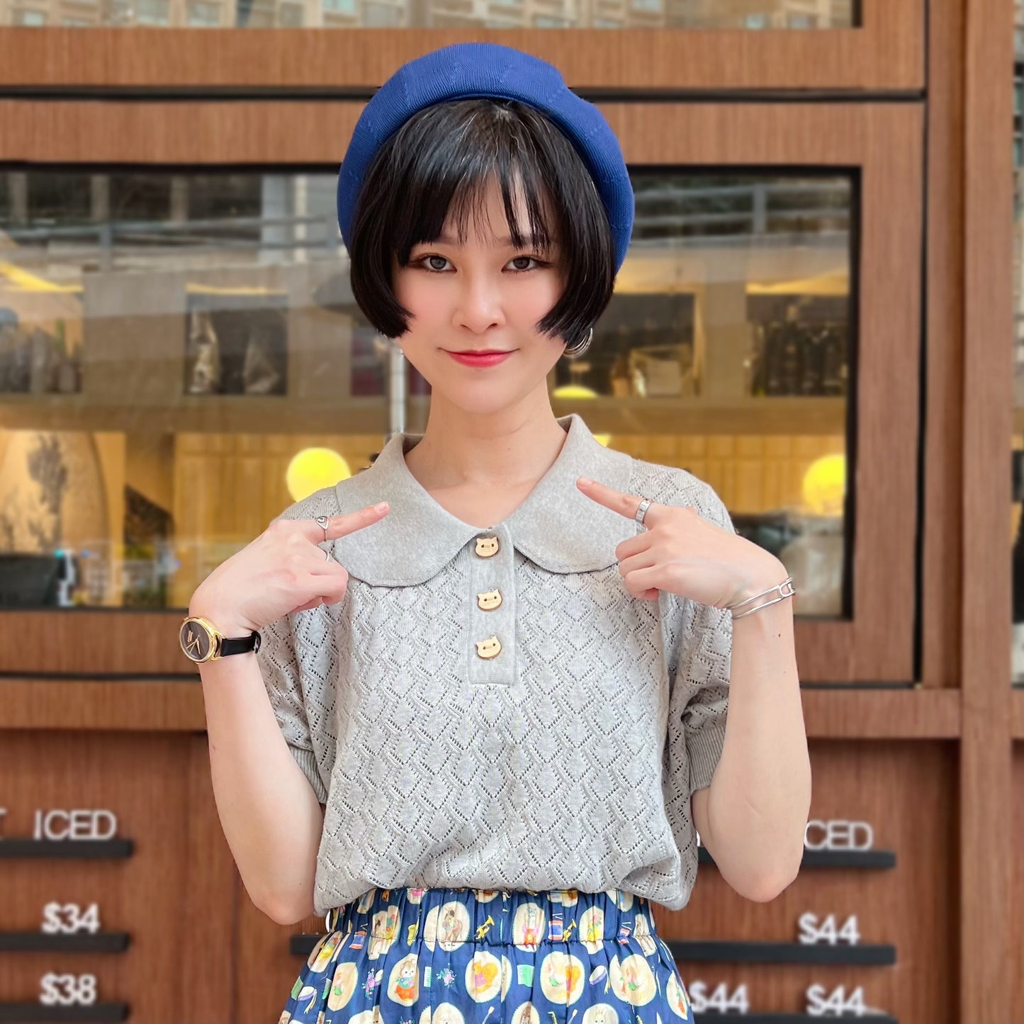 Floral neck pointelle sweater