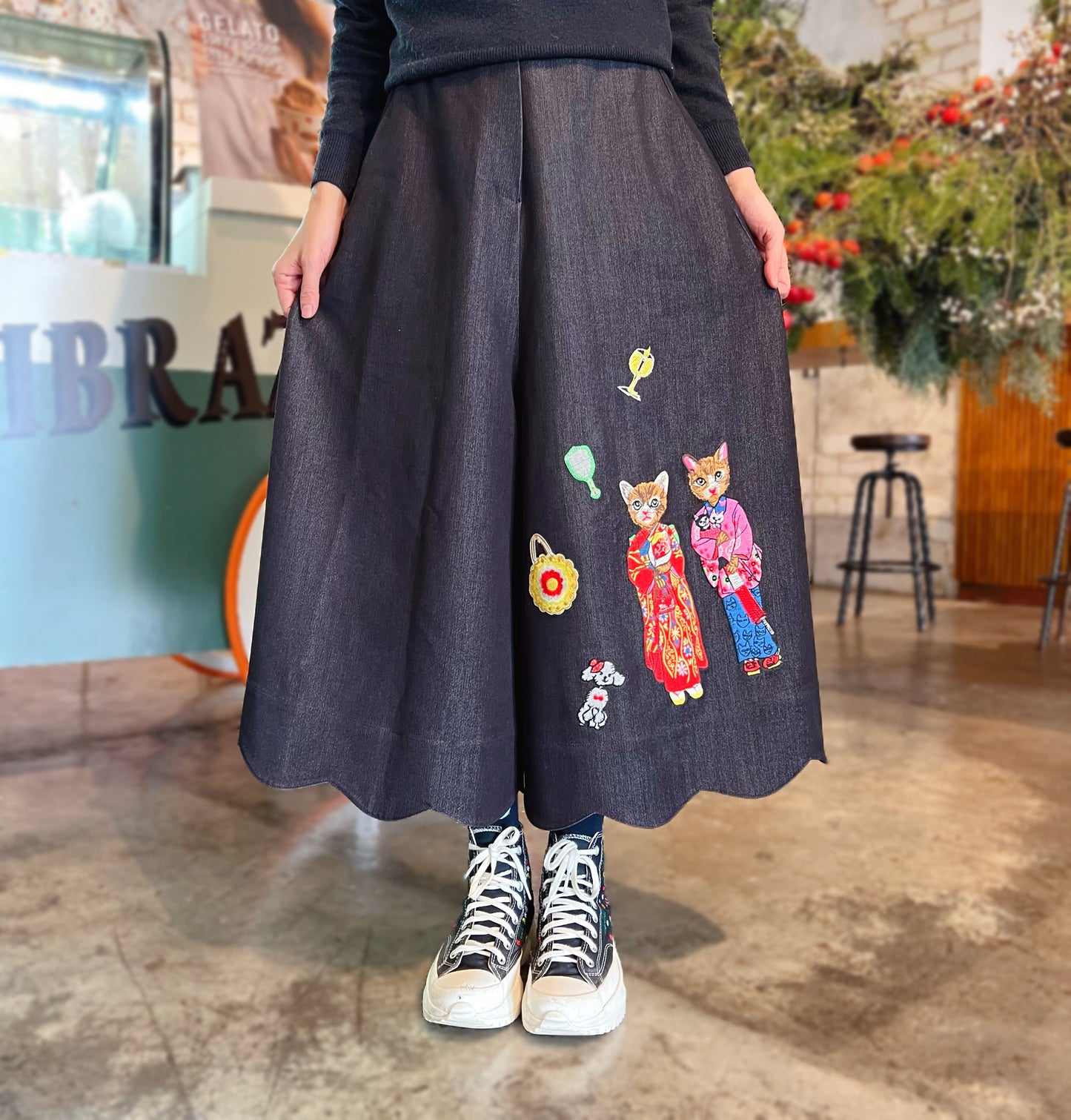 Kimono cat embroidery skirt pants