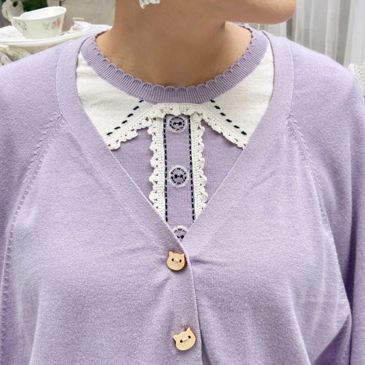 Cat lace fabric cotton cardigan