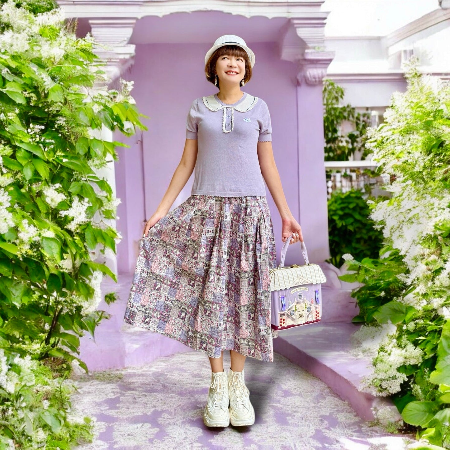 Gardening animals pattern midi skirt (purple )