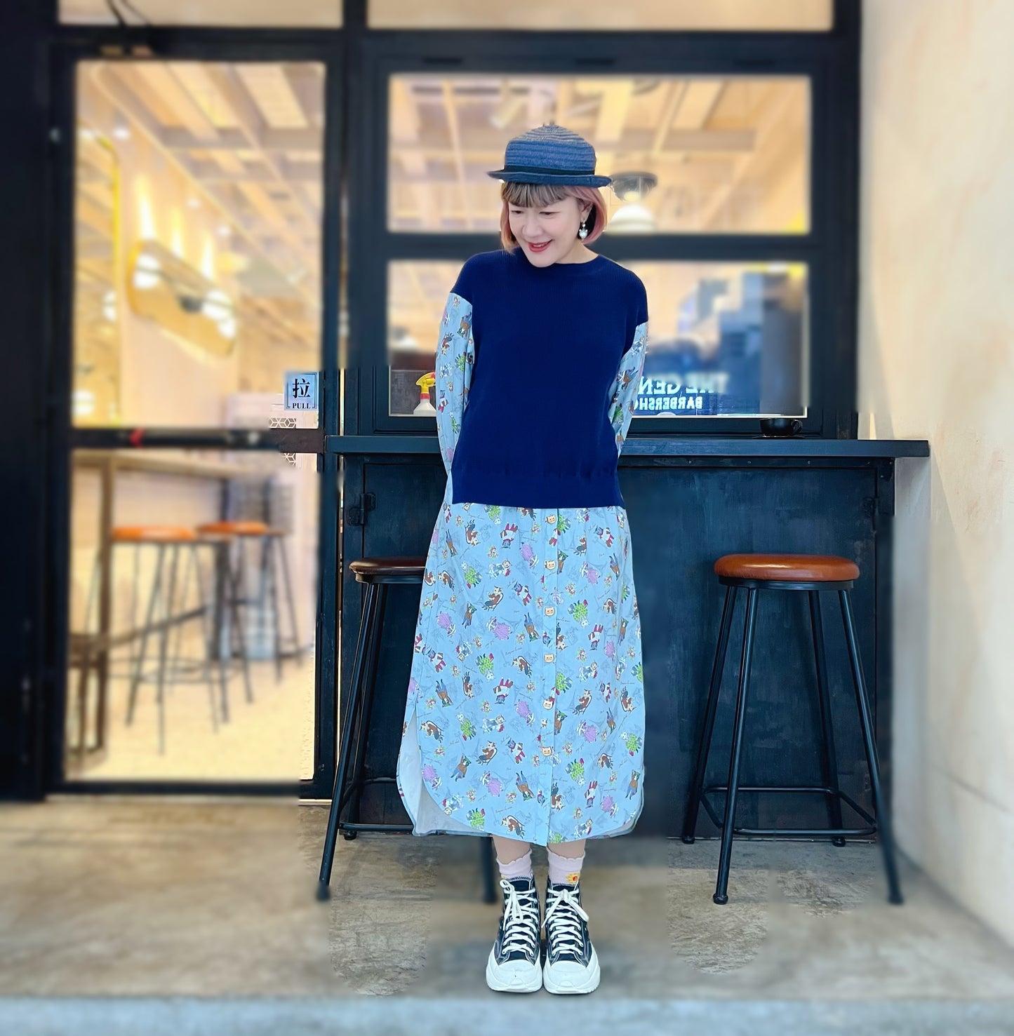 French cat fabric and knit block dress
