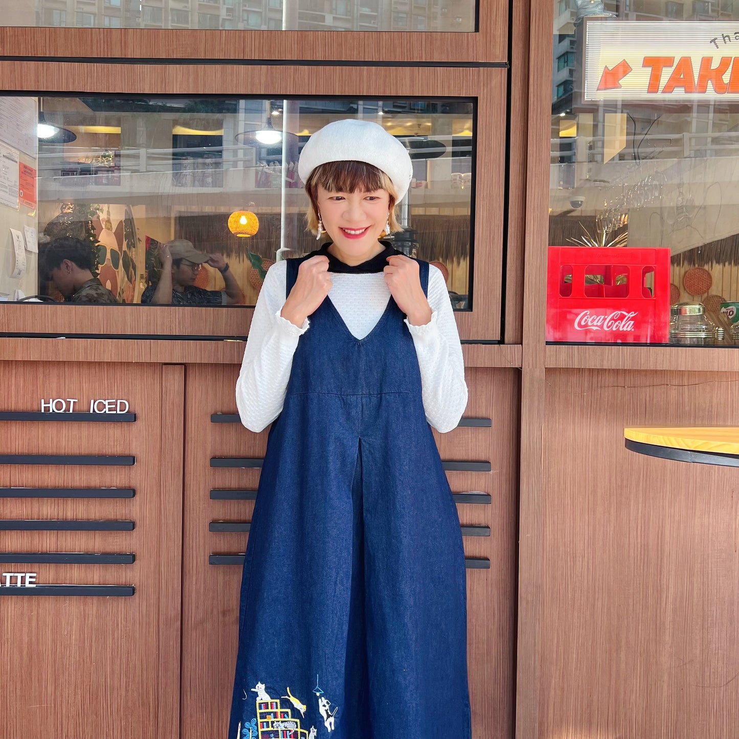 Book shelf cats embroidery denim one piece