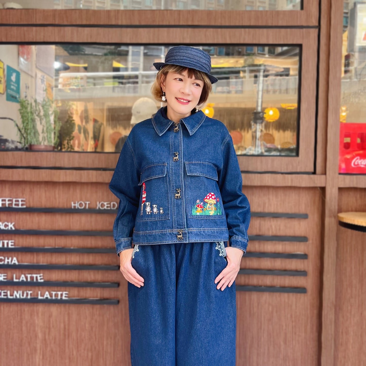 Cat little red riding hood and mushroom house denim jacket