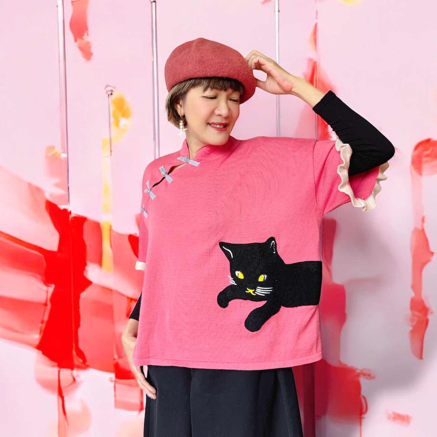 Chinese collar cat embroidery sweater
