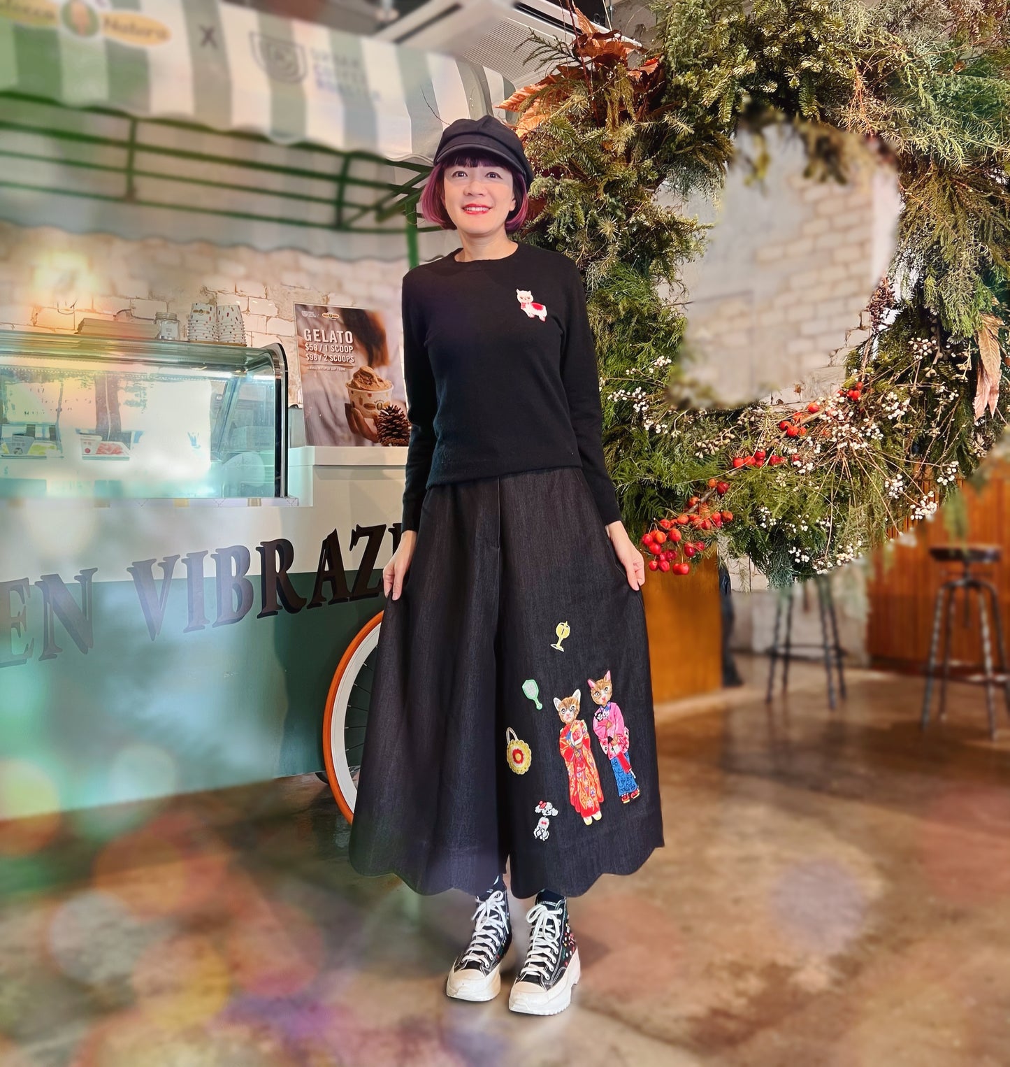 Kimono cat embroidery skirt pants