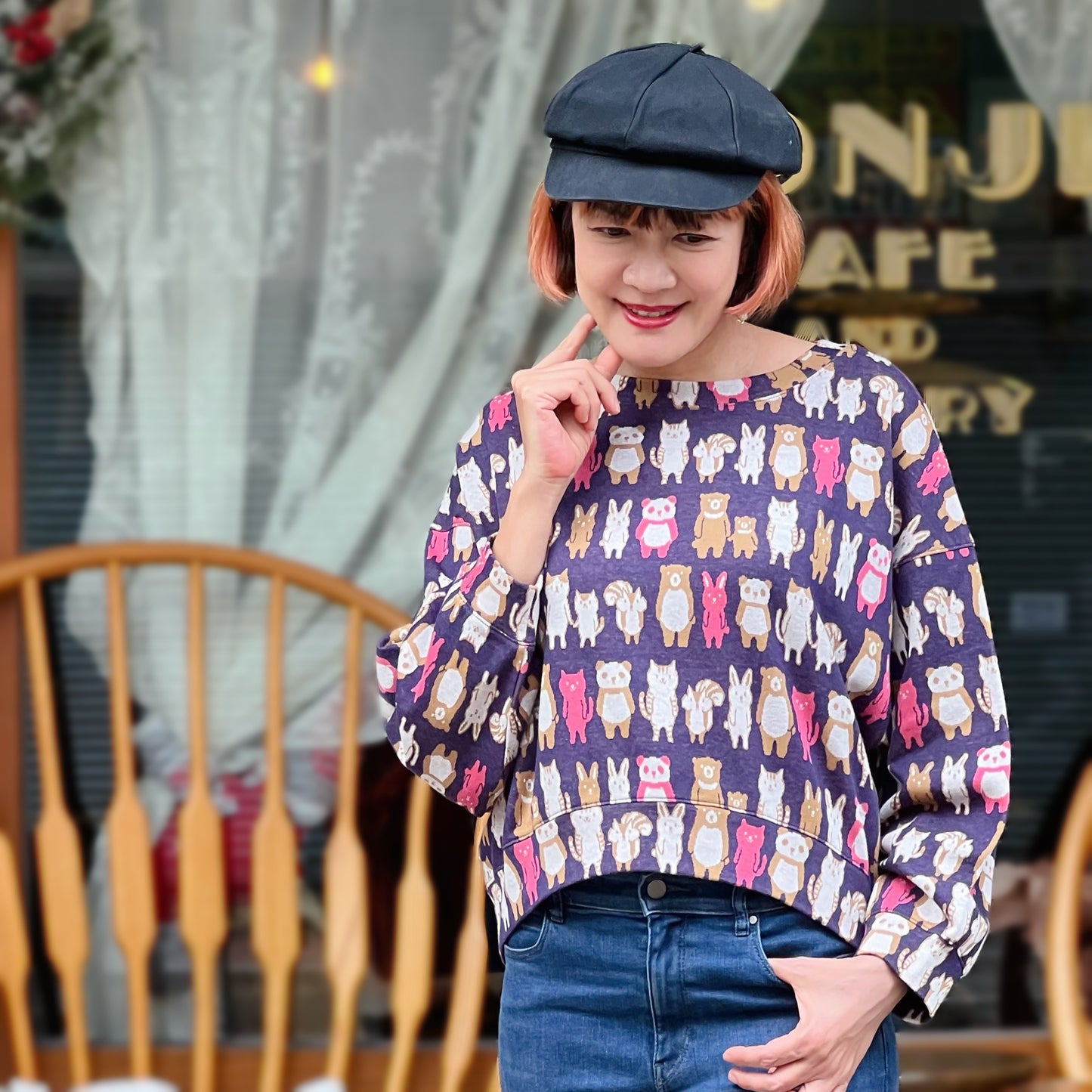 Dolman sleeve animal pattern cotton knit top