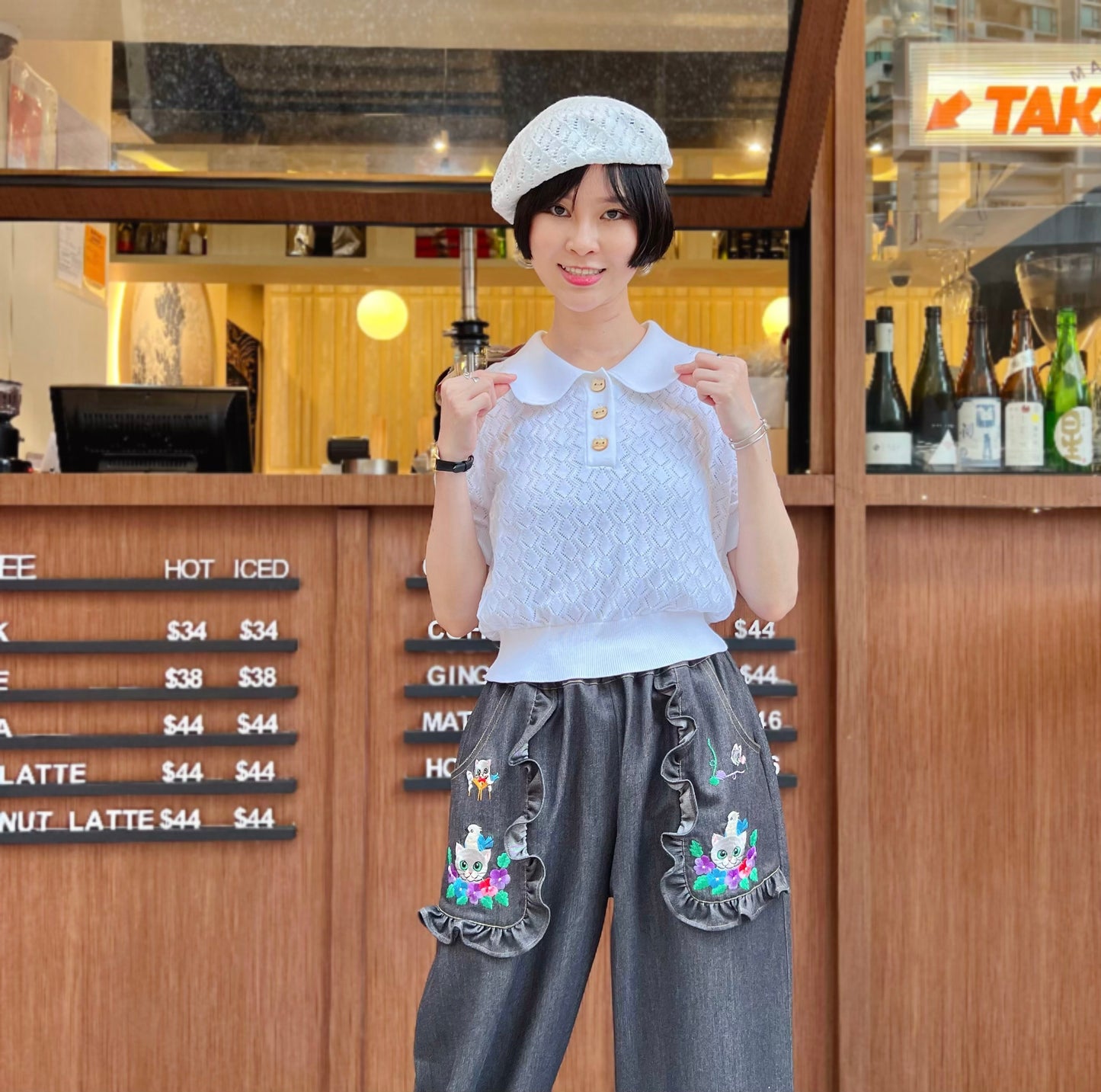 Floral neck pointelle sweater