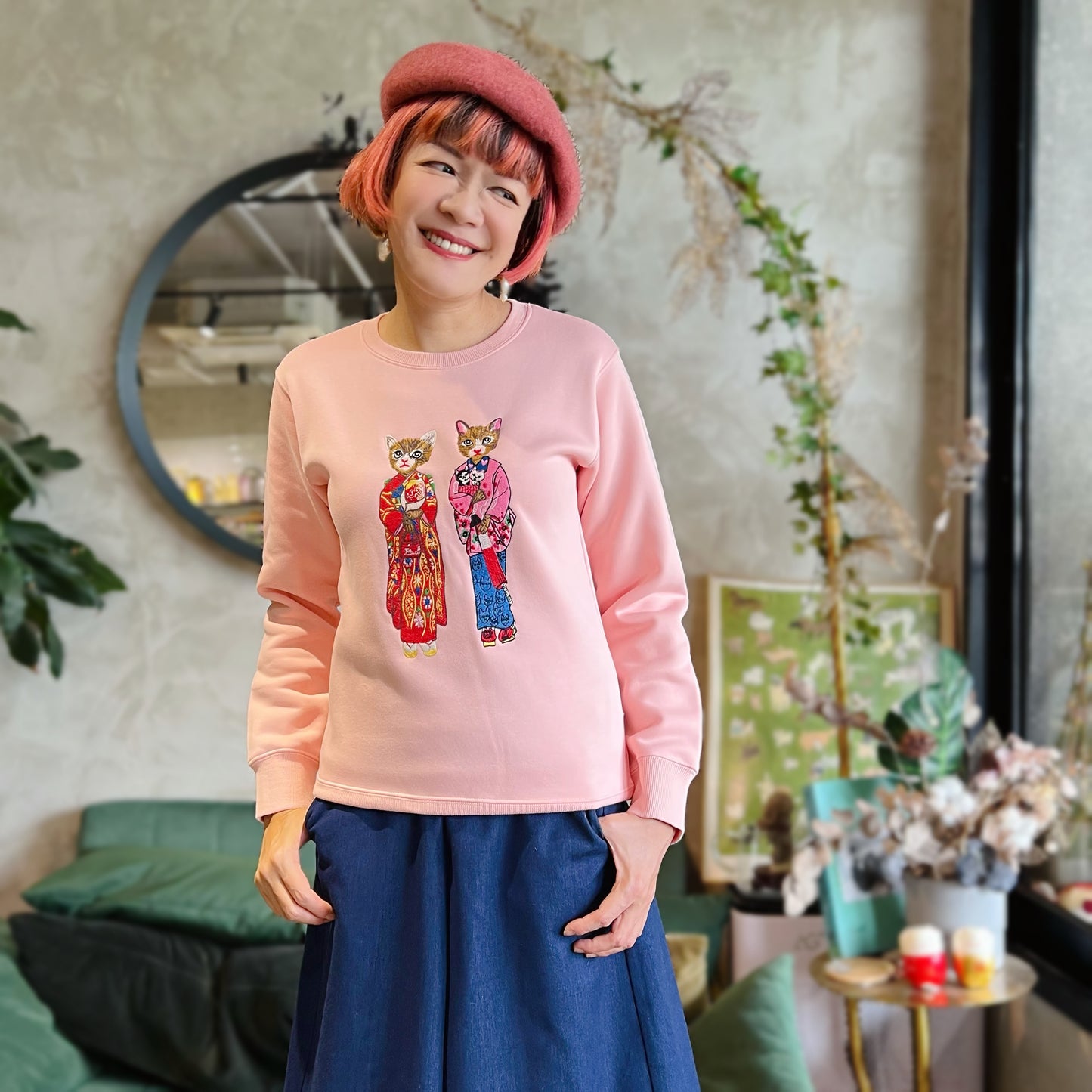 Kimono cat embroidery sweatshirt