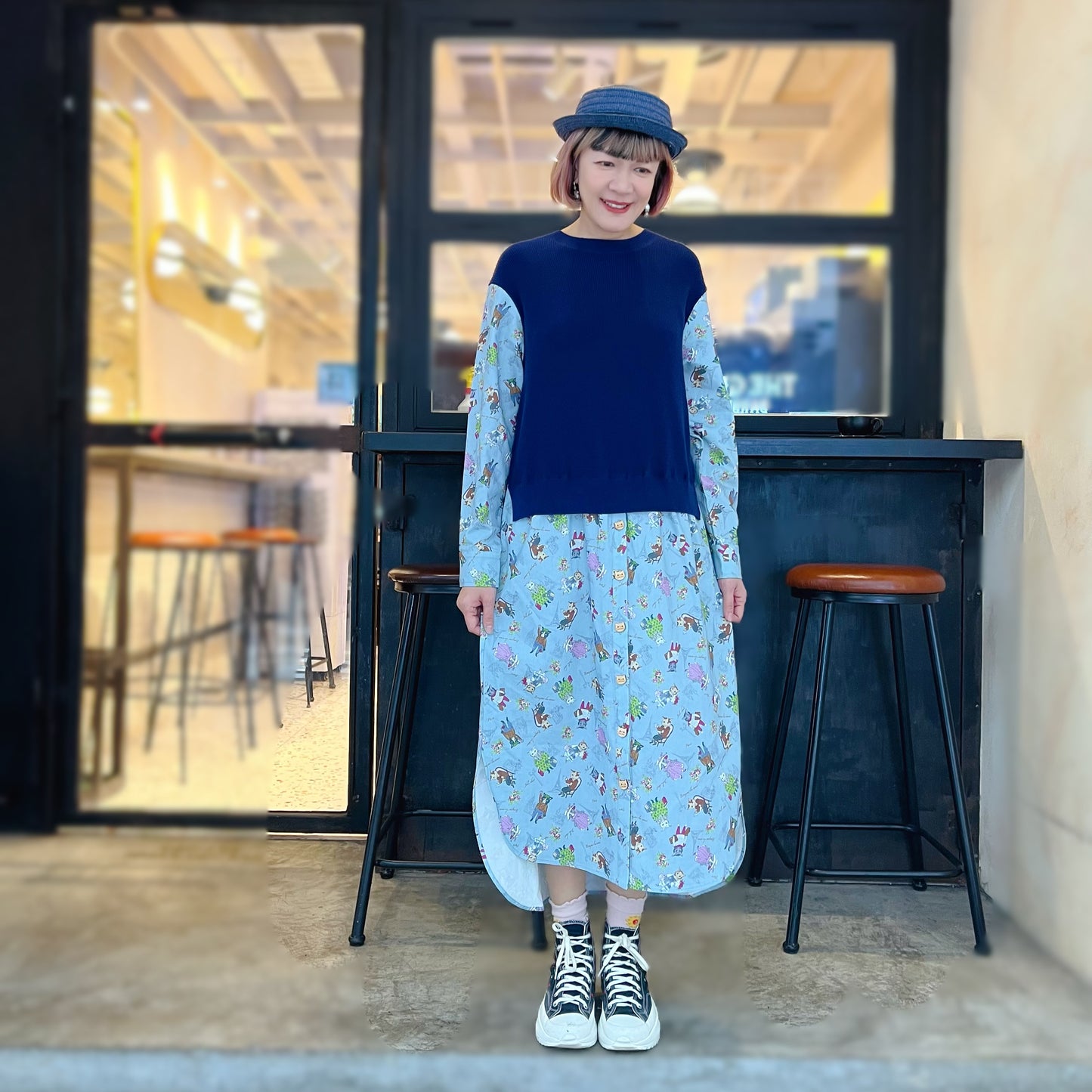 French cat fabric and knit block dress