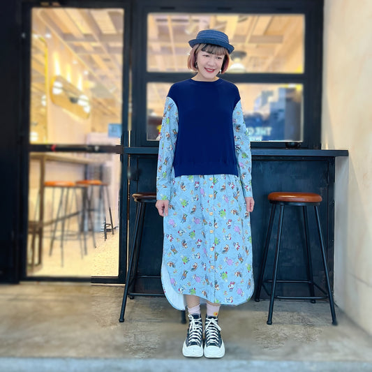 French cat fabric and knit block dress