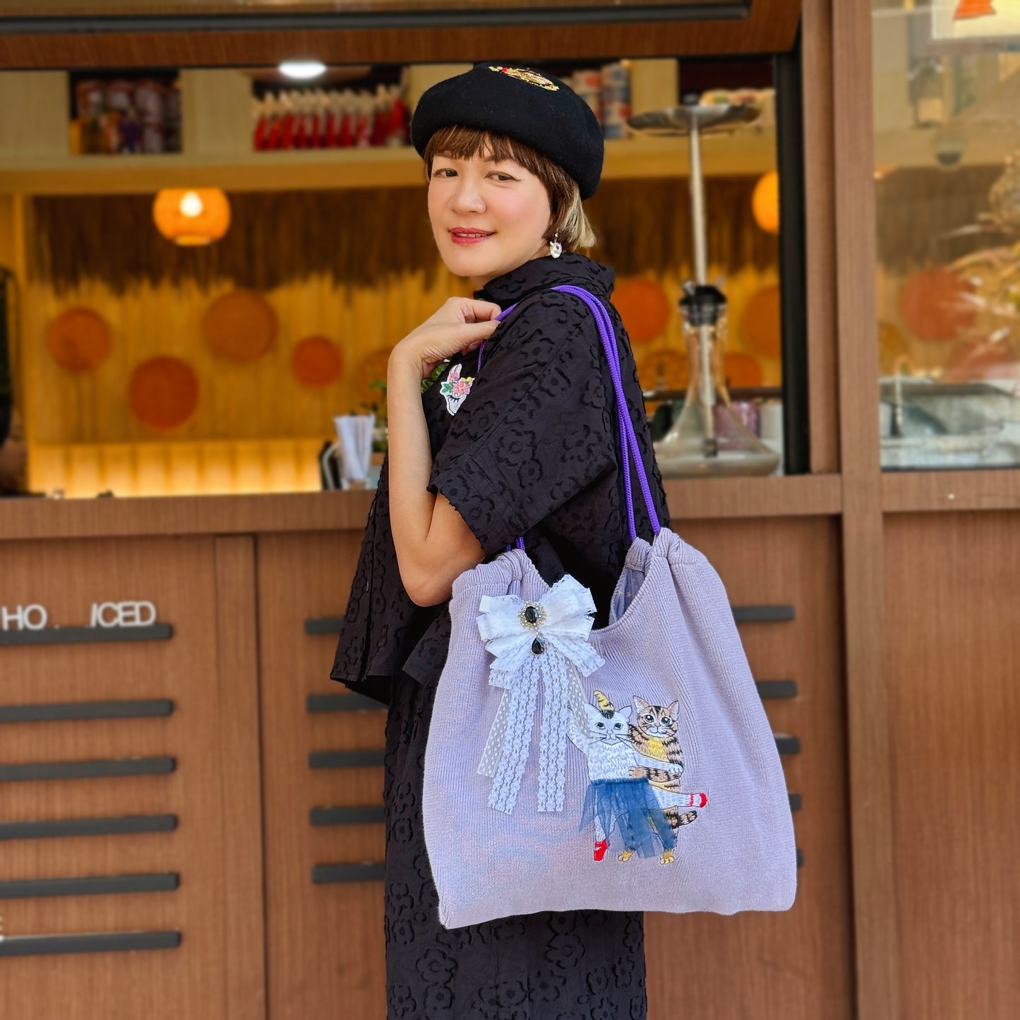 Dancing cats embroidery tote bag