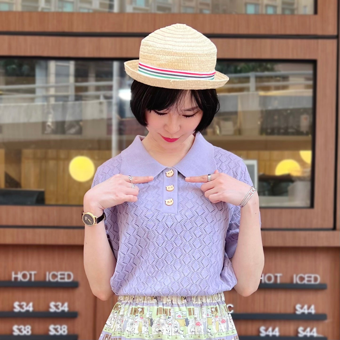 Floral neck pointelle sweater