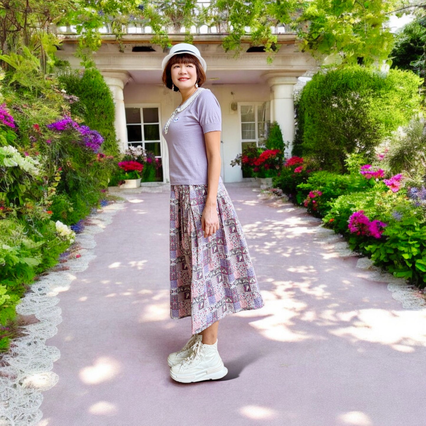 Gardening animals pattern midi skirt (purple )