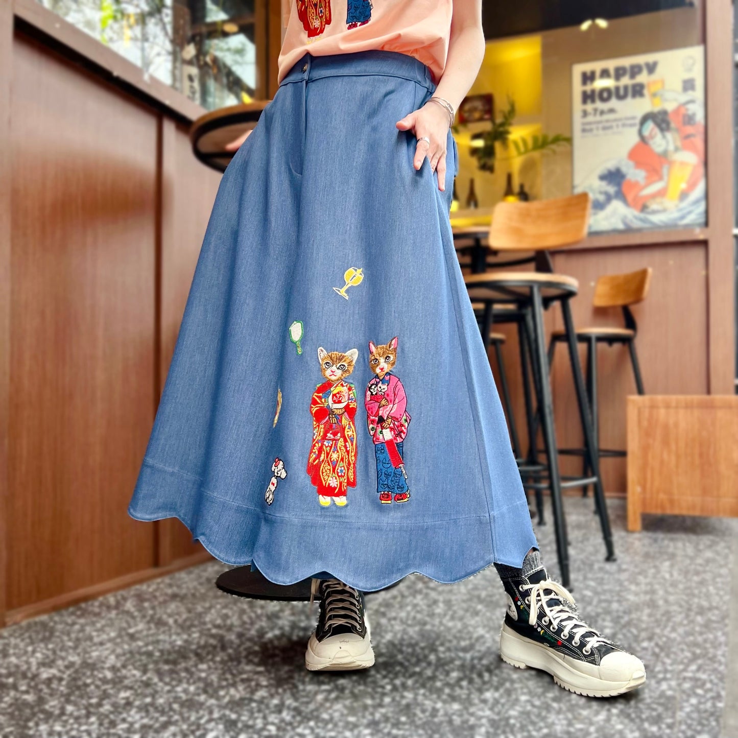 Kimono cat embroidery skirt pants