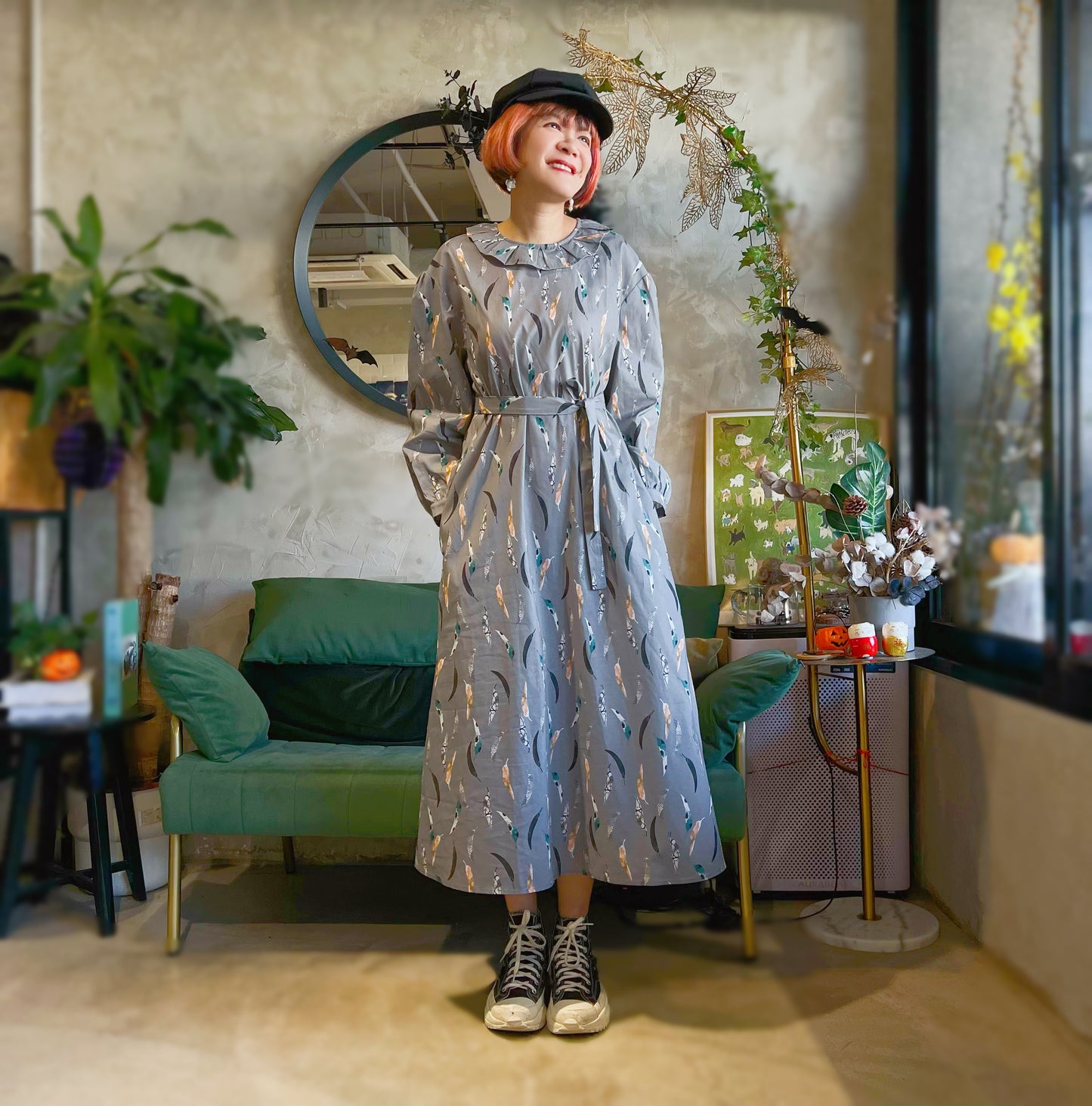 Feathers and pattern dress