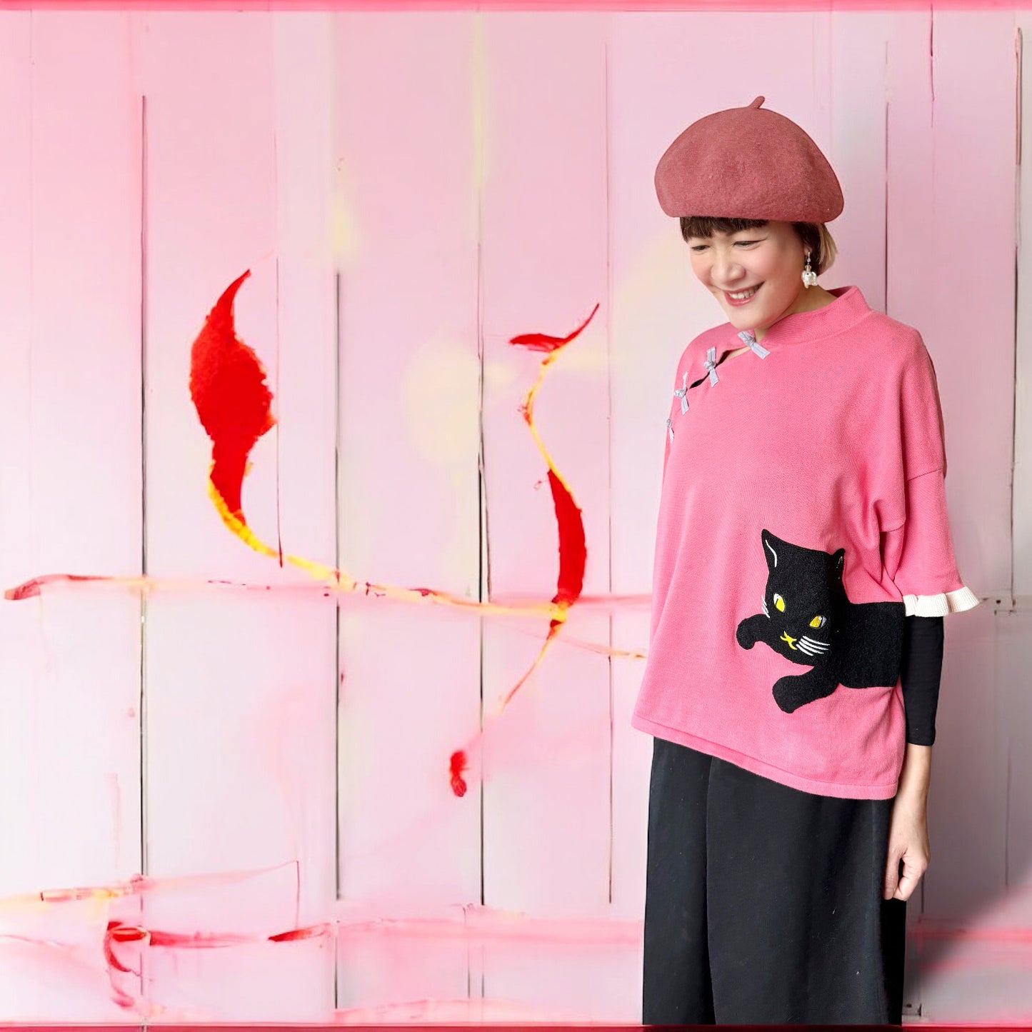 Chinese collar cat embroidery sweater
