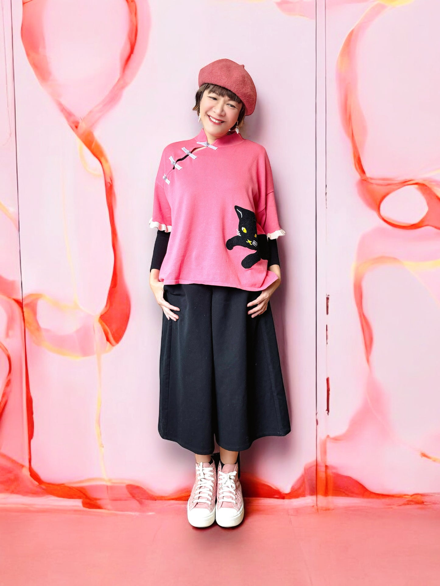 Chinese collar cat embroidery sweater