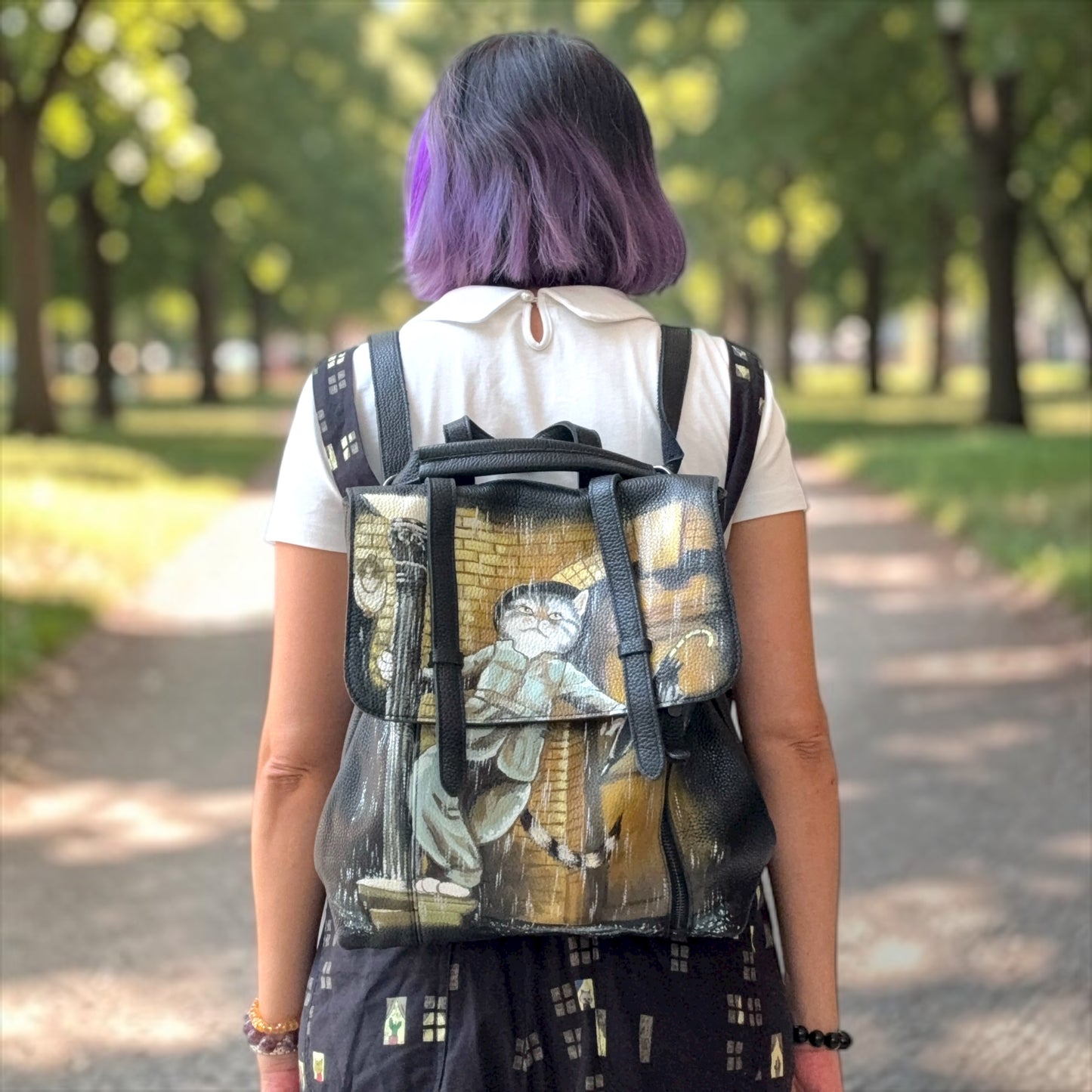 Cat under rainy days hand painted backpack/ bag