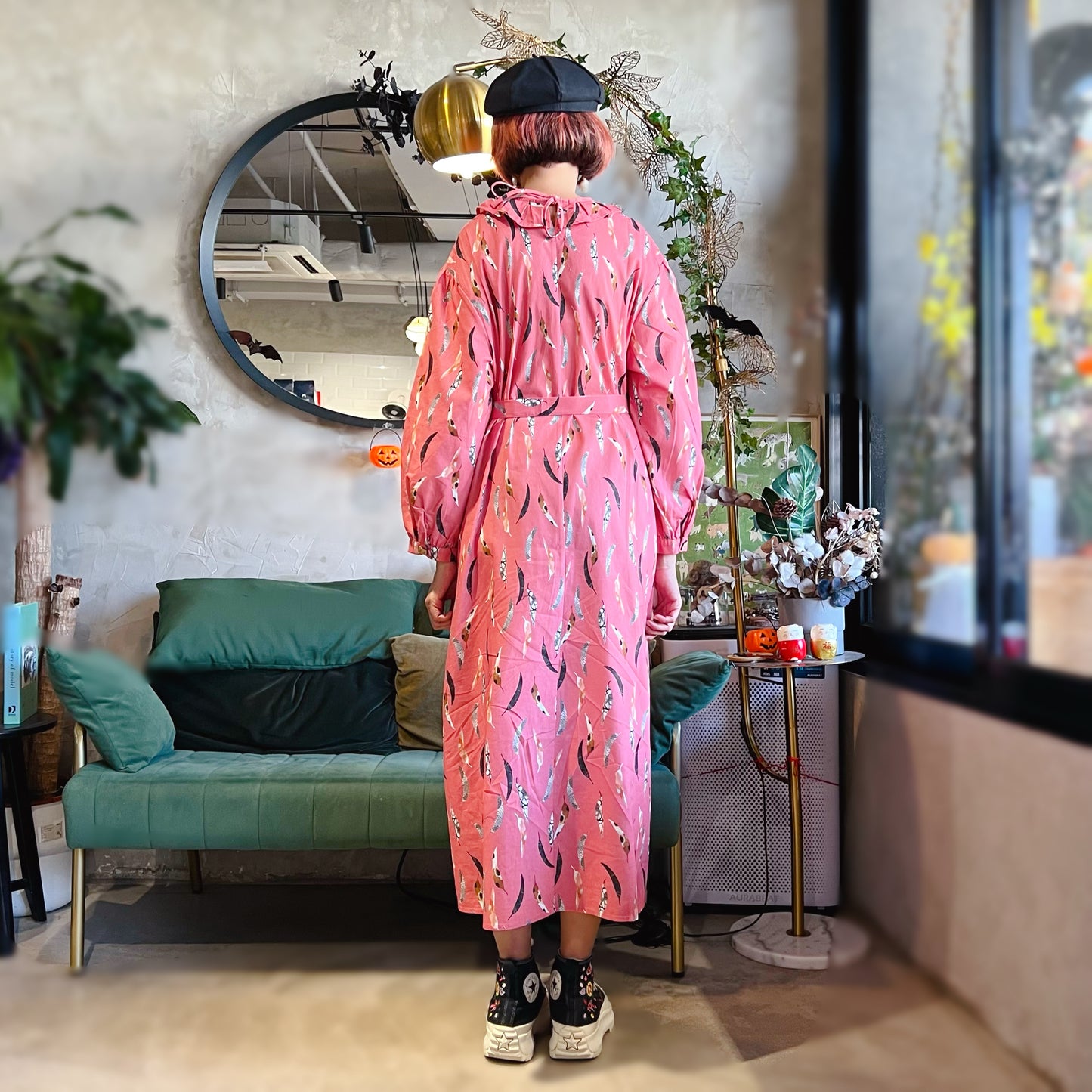 Feathers and pattern dress