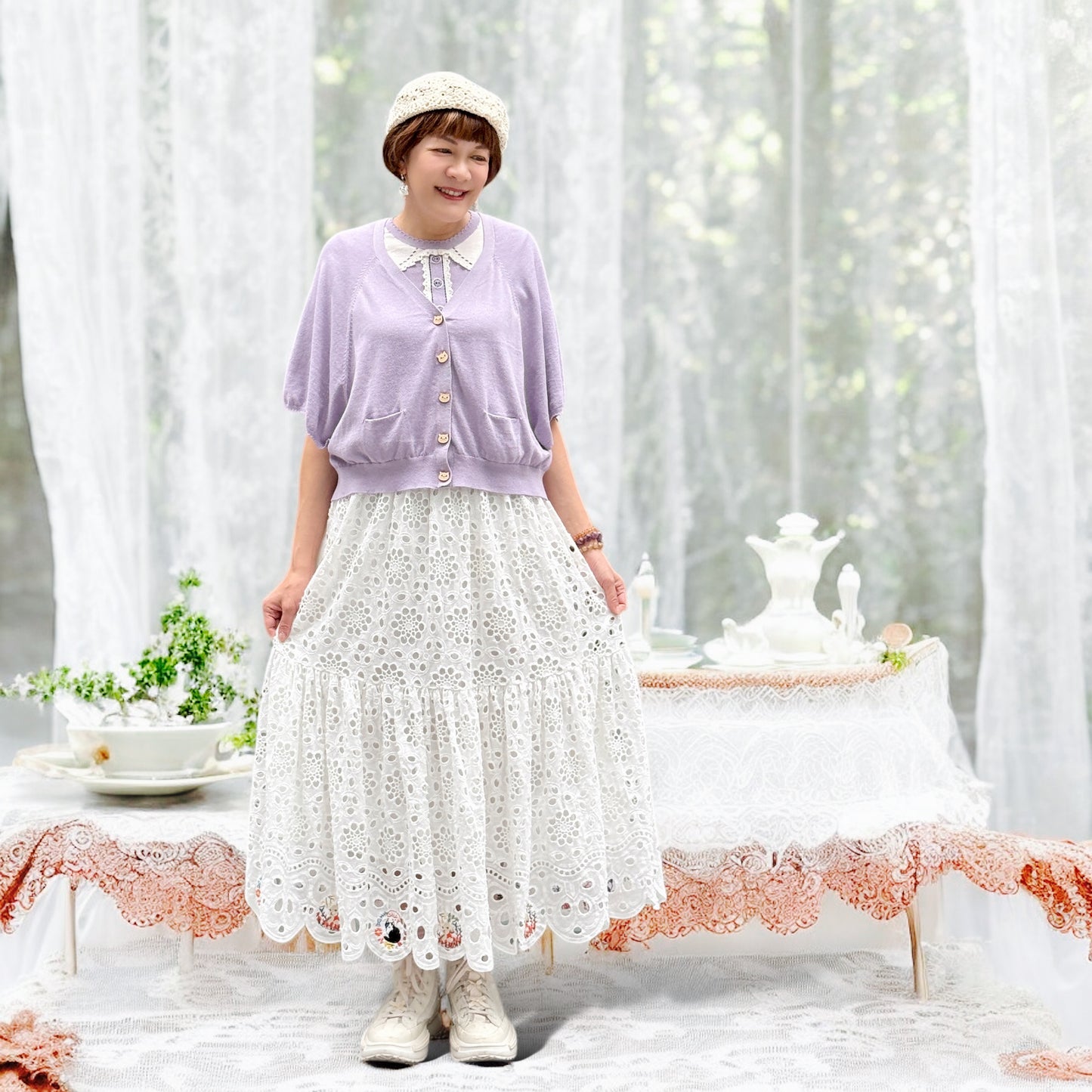 Cat lace fabric cotton cardigan