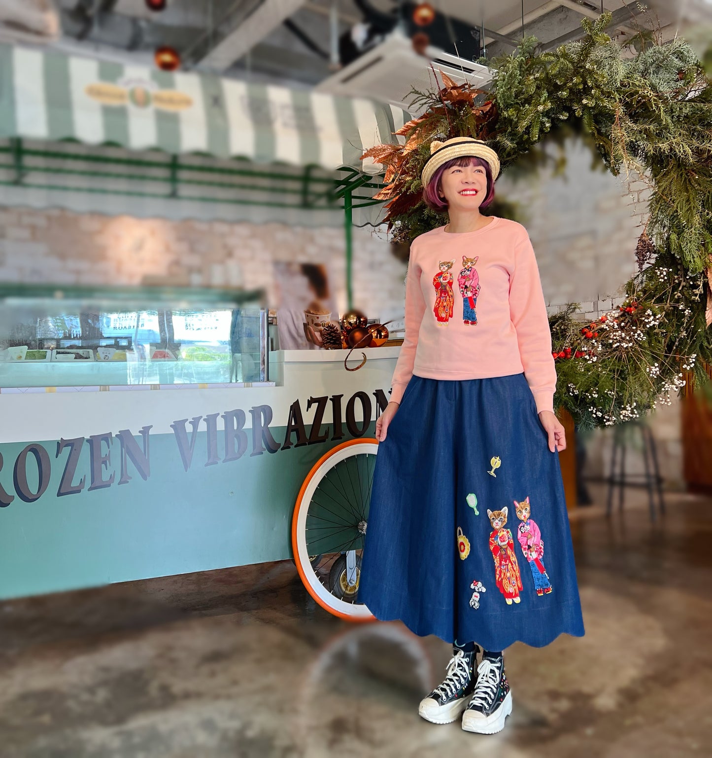 Kimono cat embroidery skirt pants