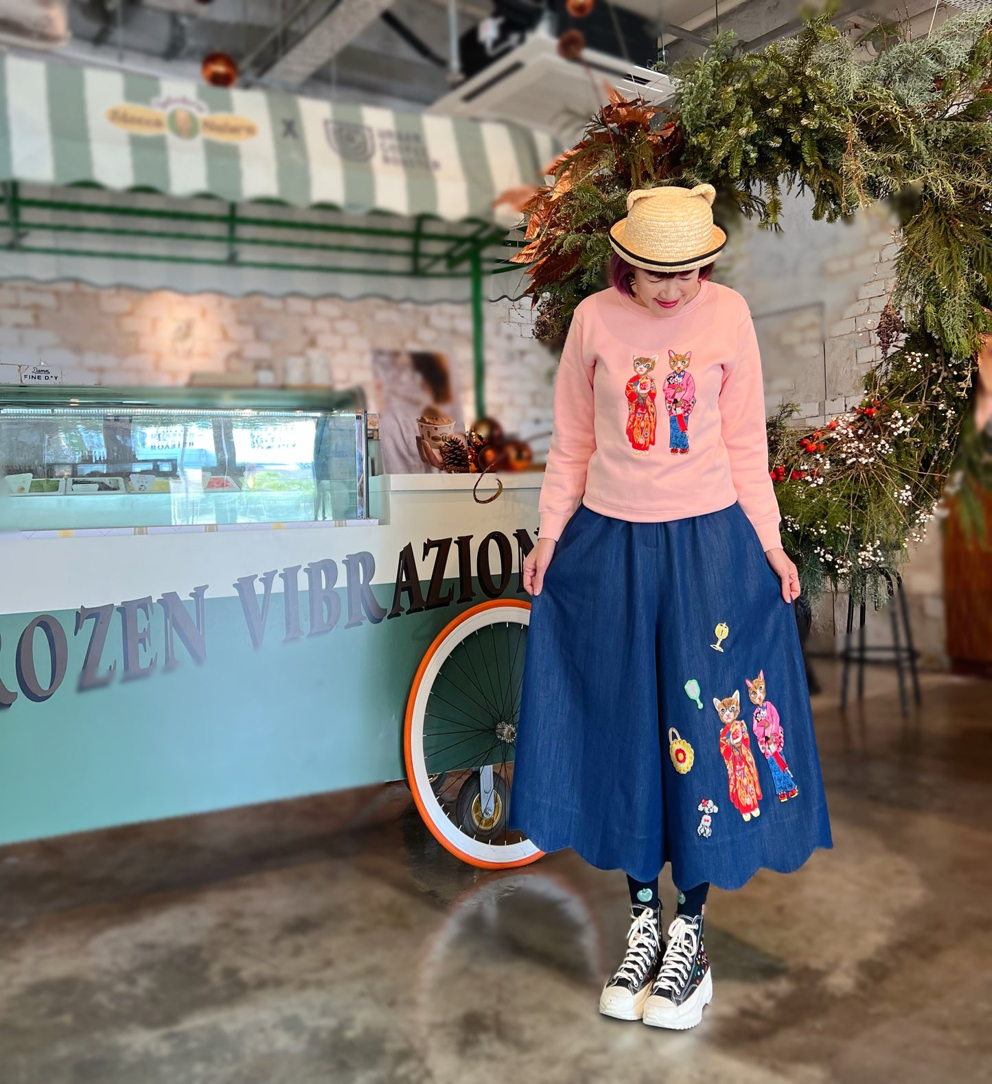 Kimono cat embroidery skirt pants
