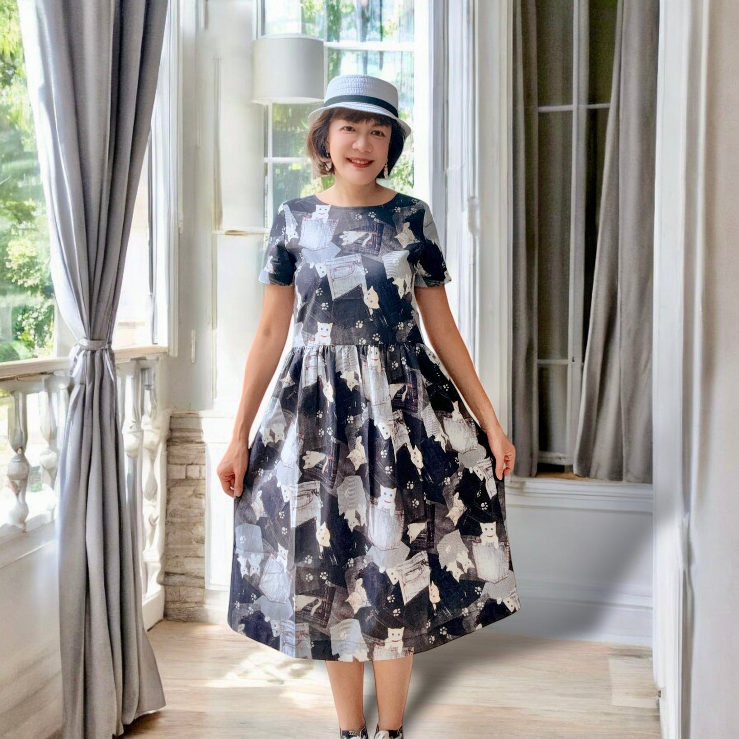 Cats hiding at jeans pattern one piece