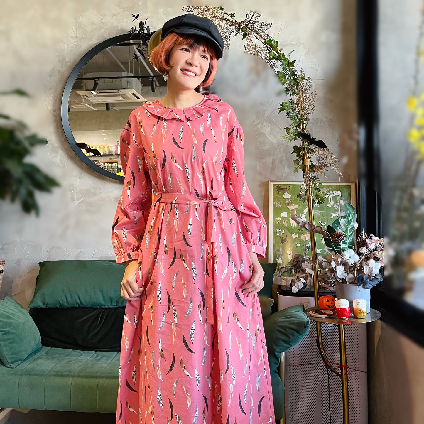 Feathers and pattern dress