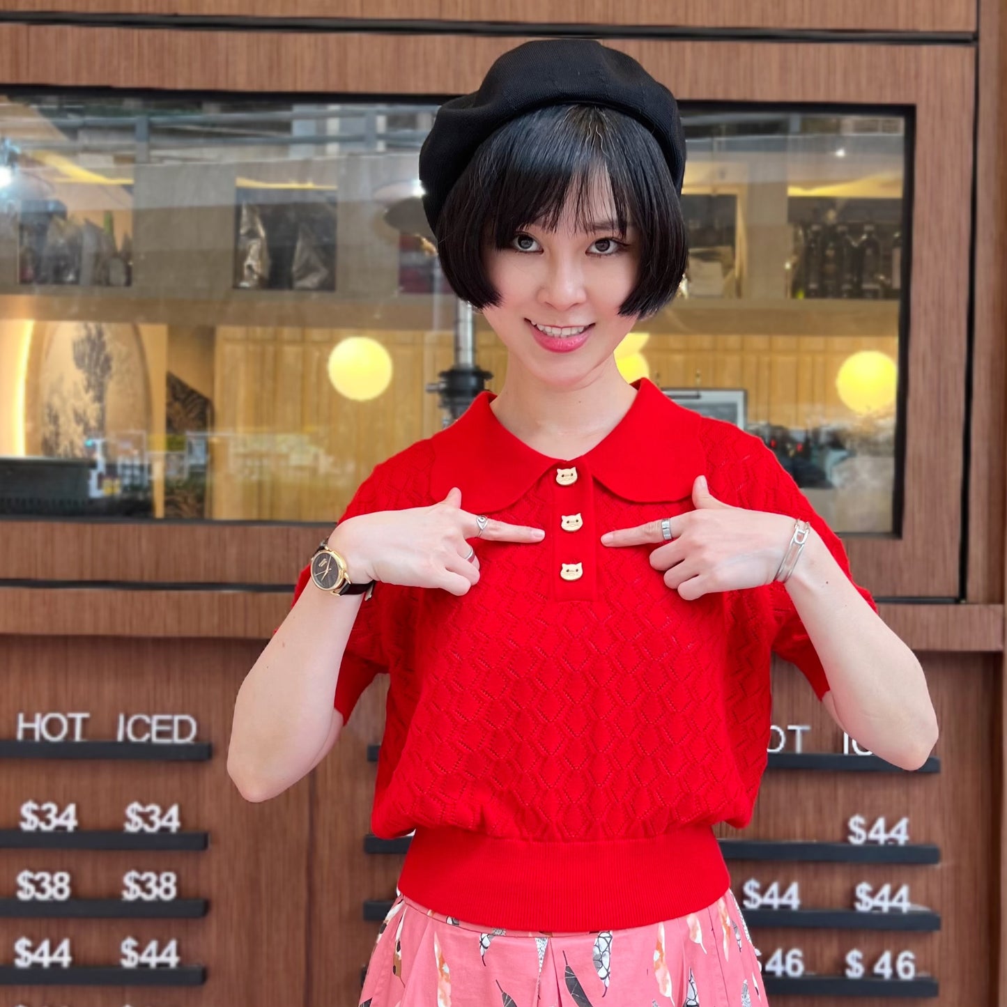 Floral neck pointelle sweater