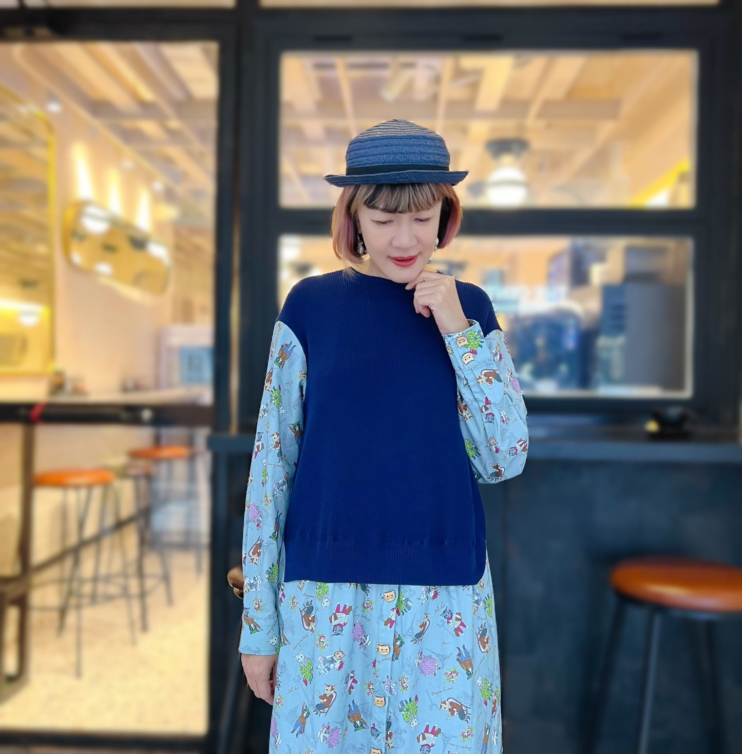 French cat fabric and knit block dress