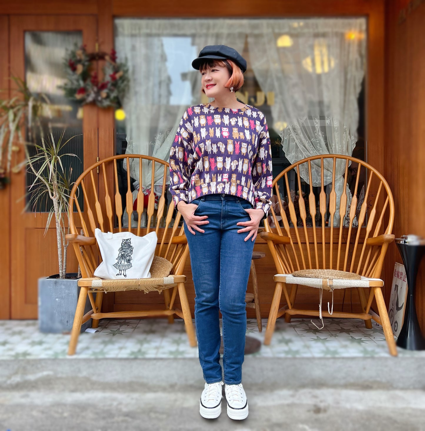 Dolman sleeve animal pattern cotton knit top