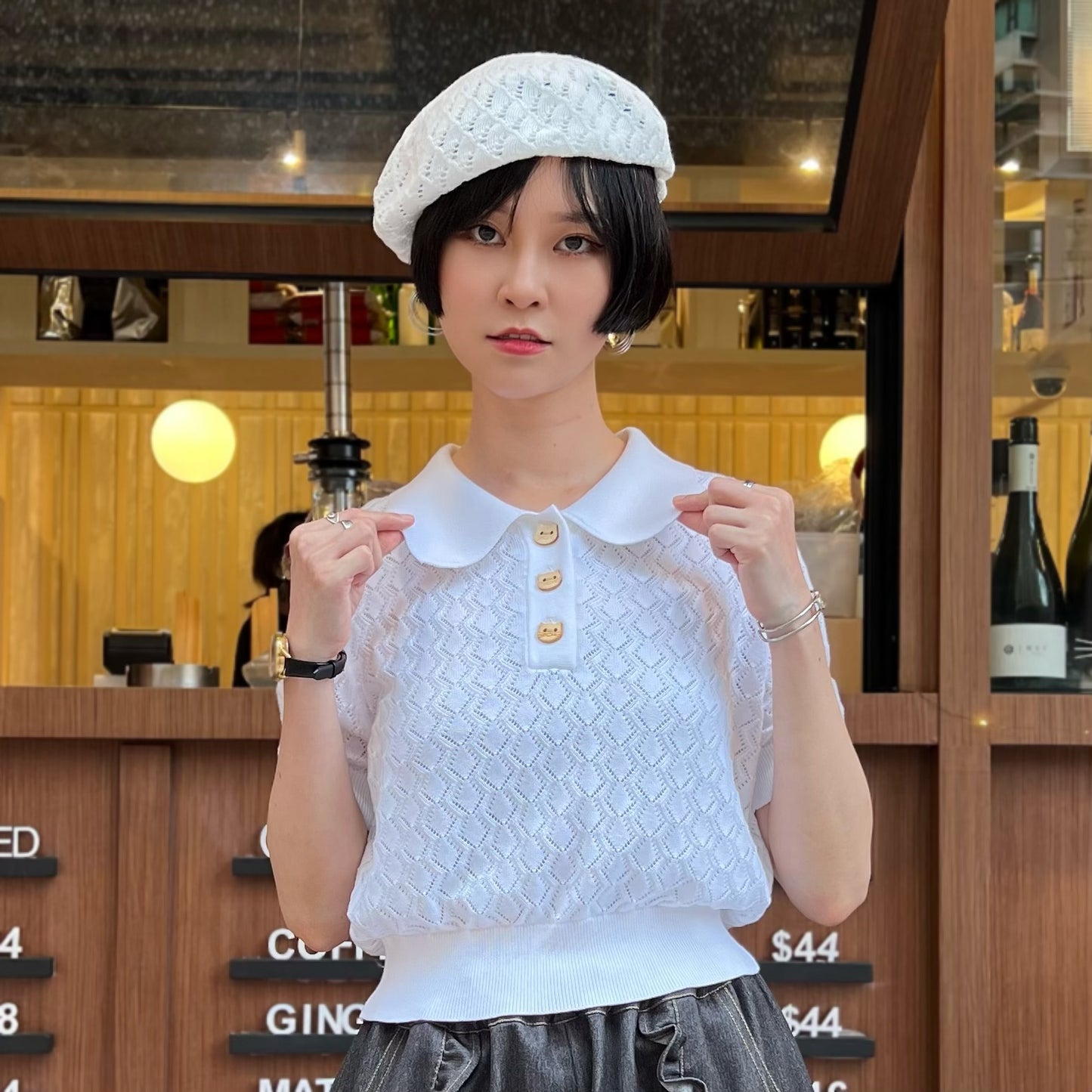 Floral neck pointelle sweater