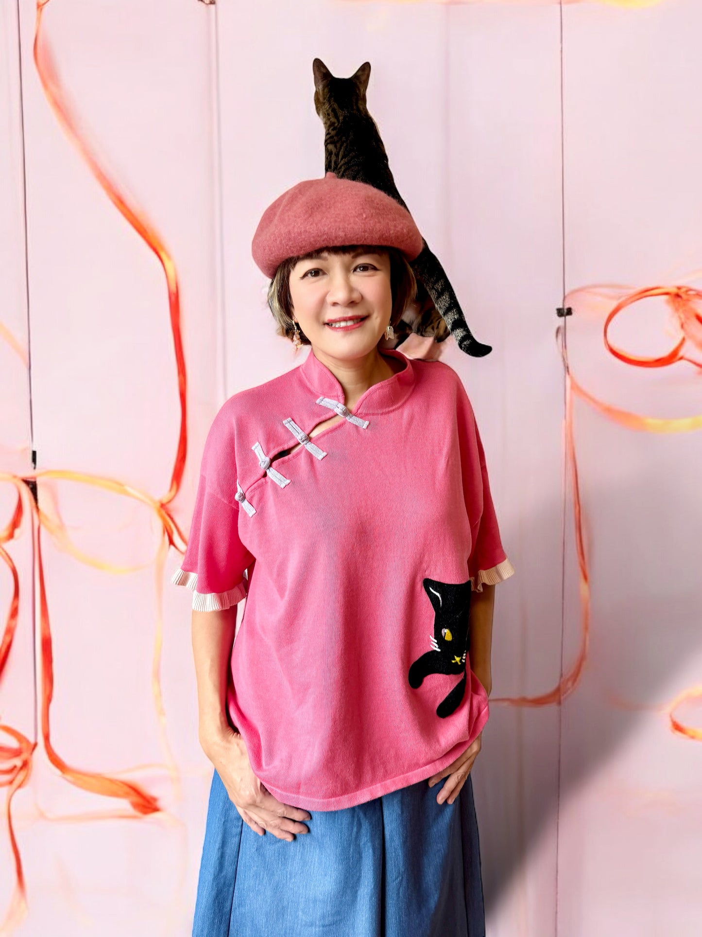 Chinese collar cat embroidery sweater