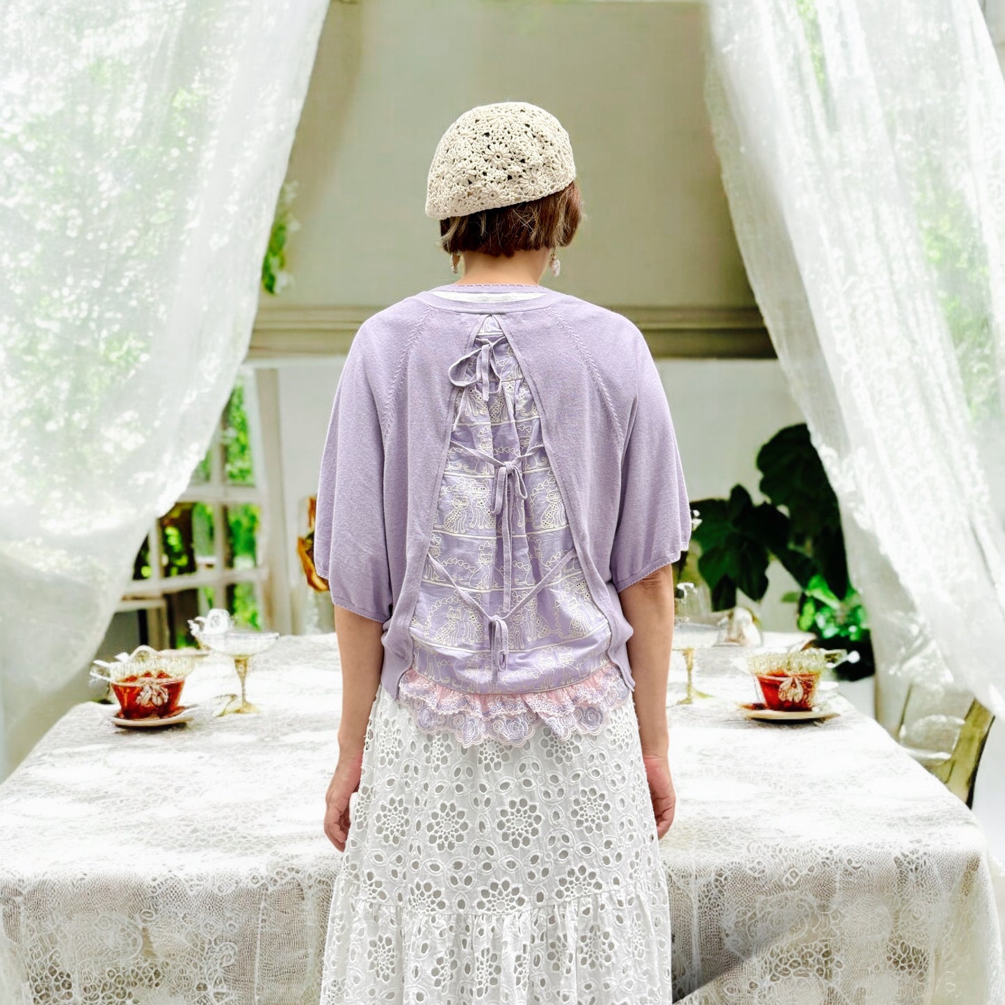 Cat lace fabric cotton cardigan