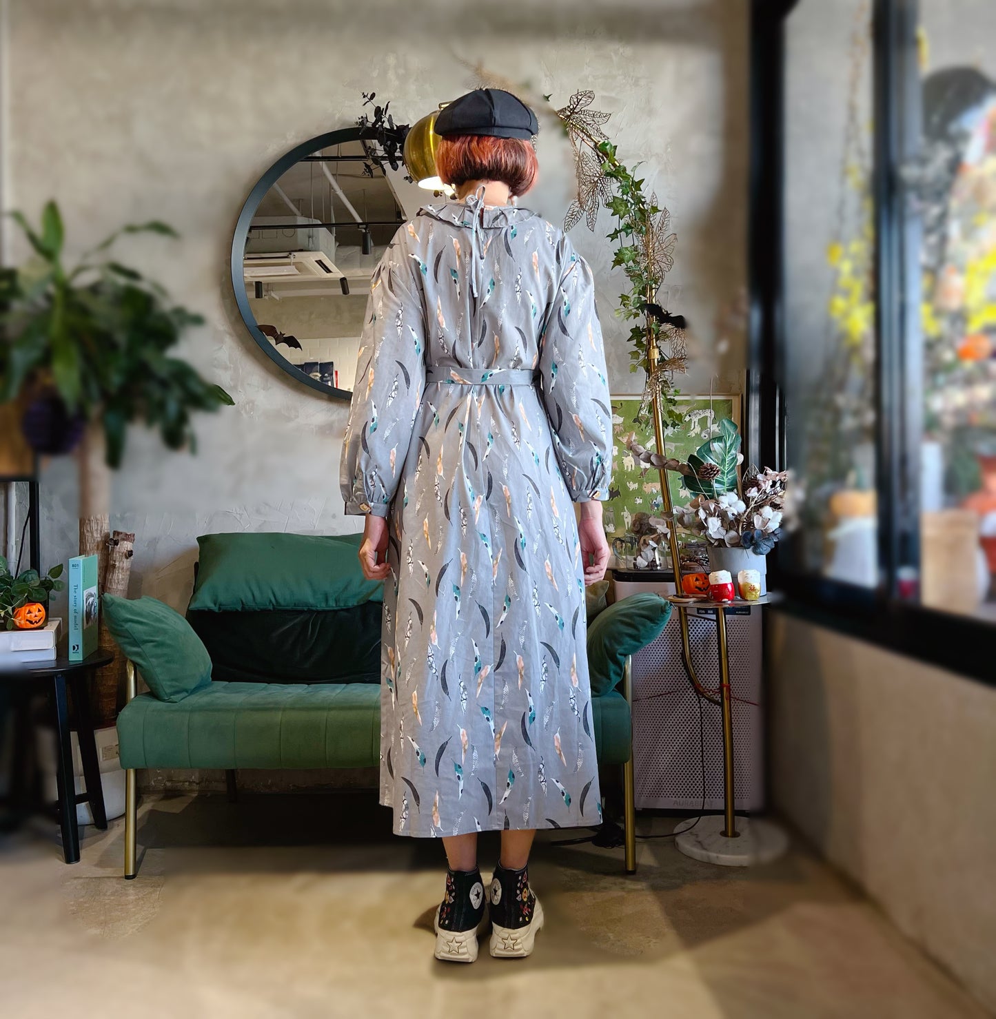 Feathers and pattern dress