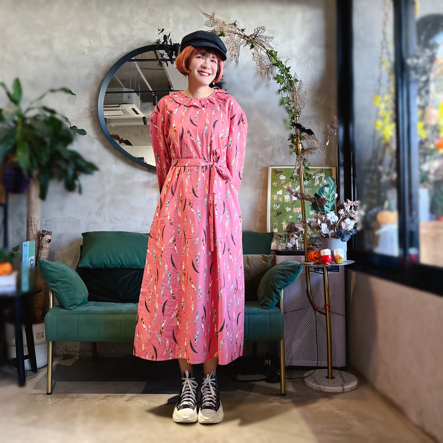 Feathers and pattern dress
