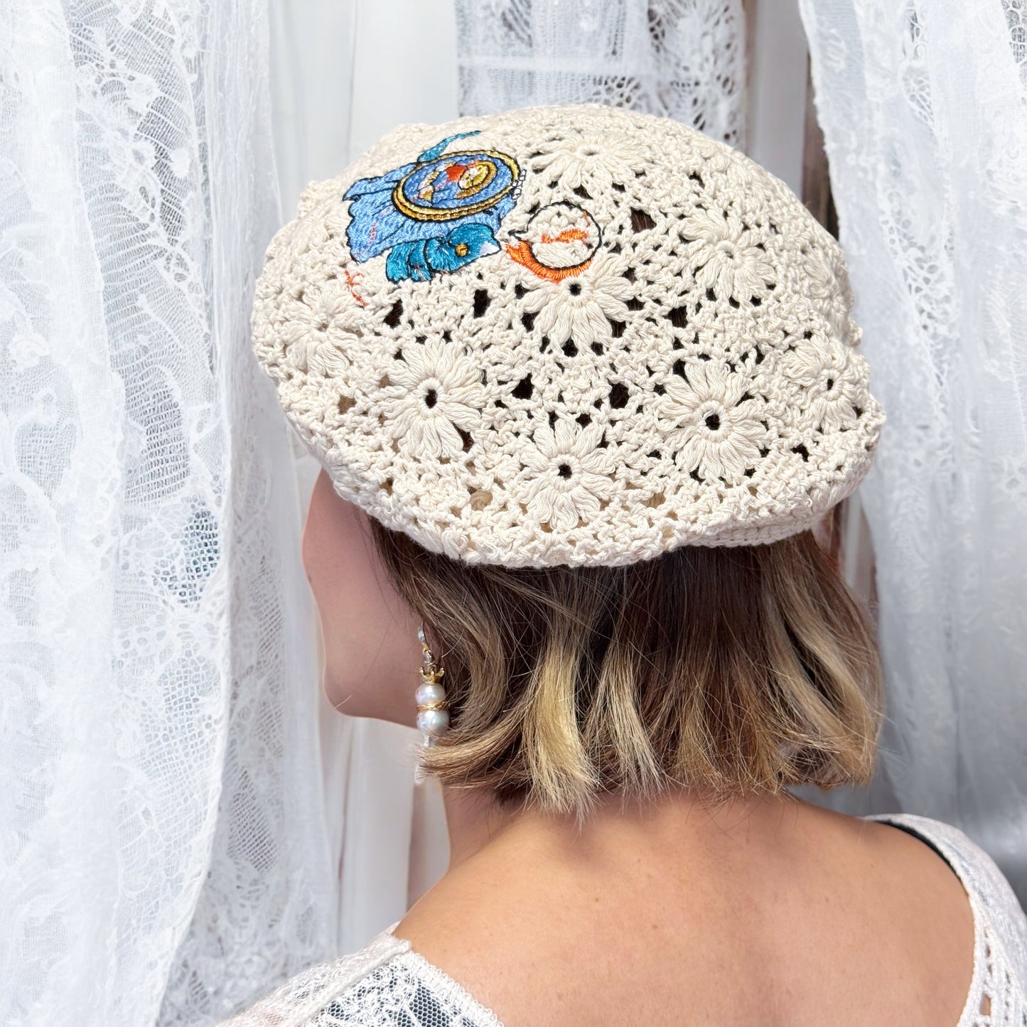 Crochet and lace embroidery beret