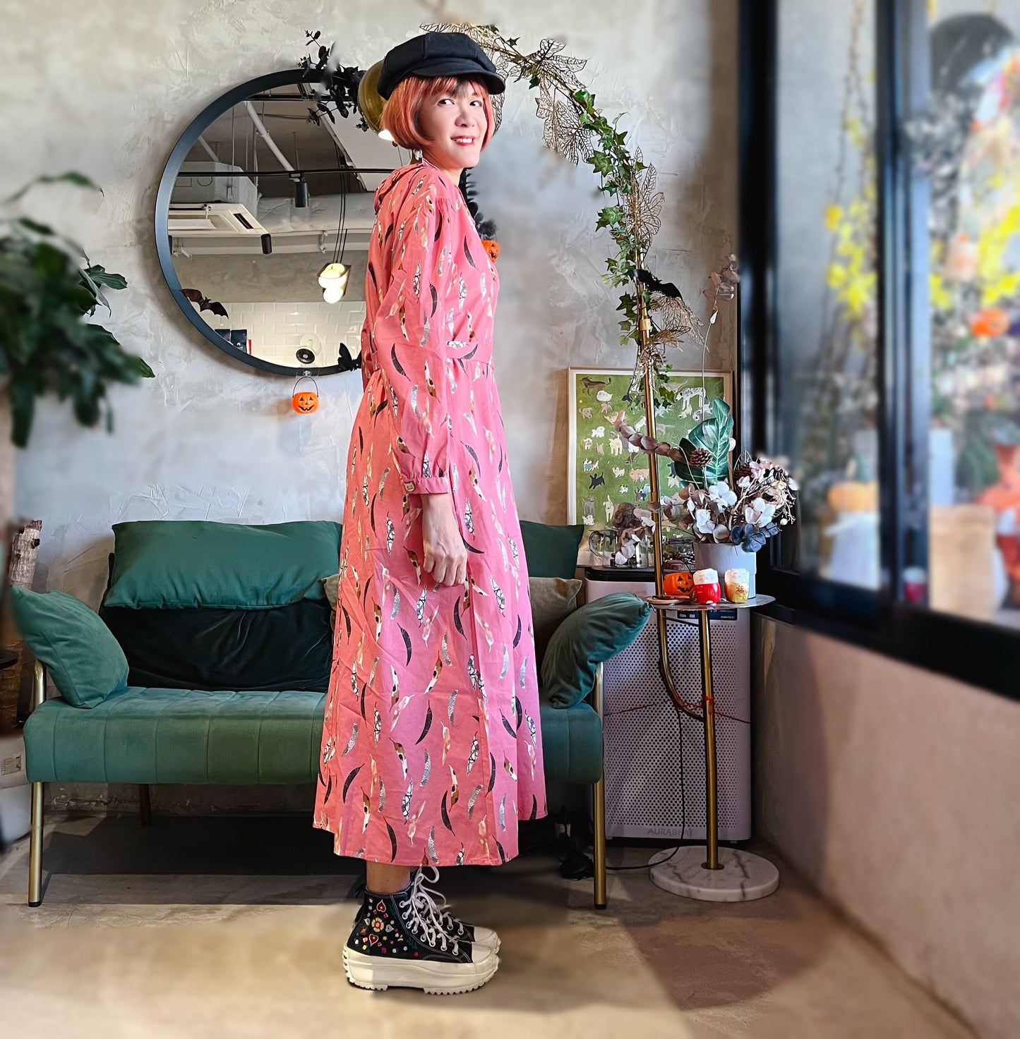 Feathers and pattern dress