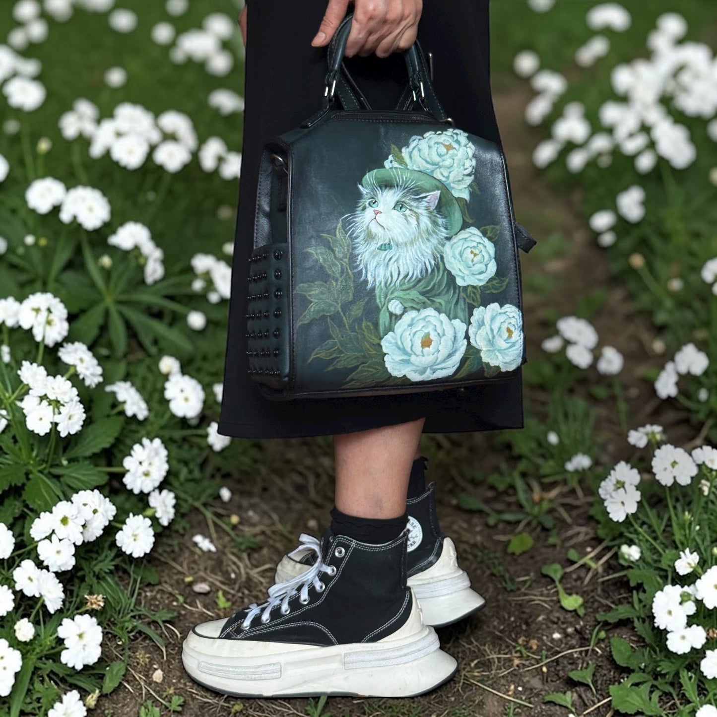 Hand painted cats and flowers leather bag