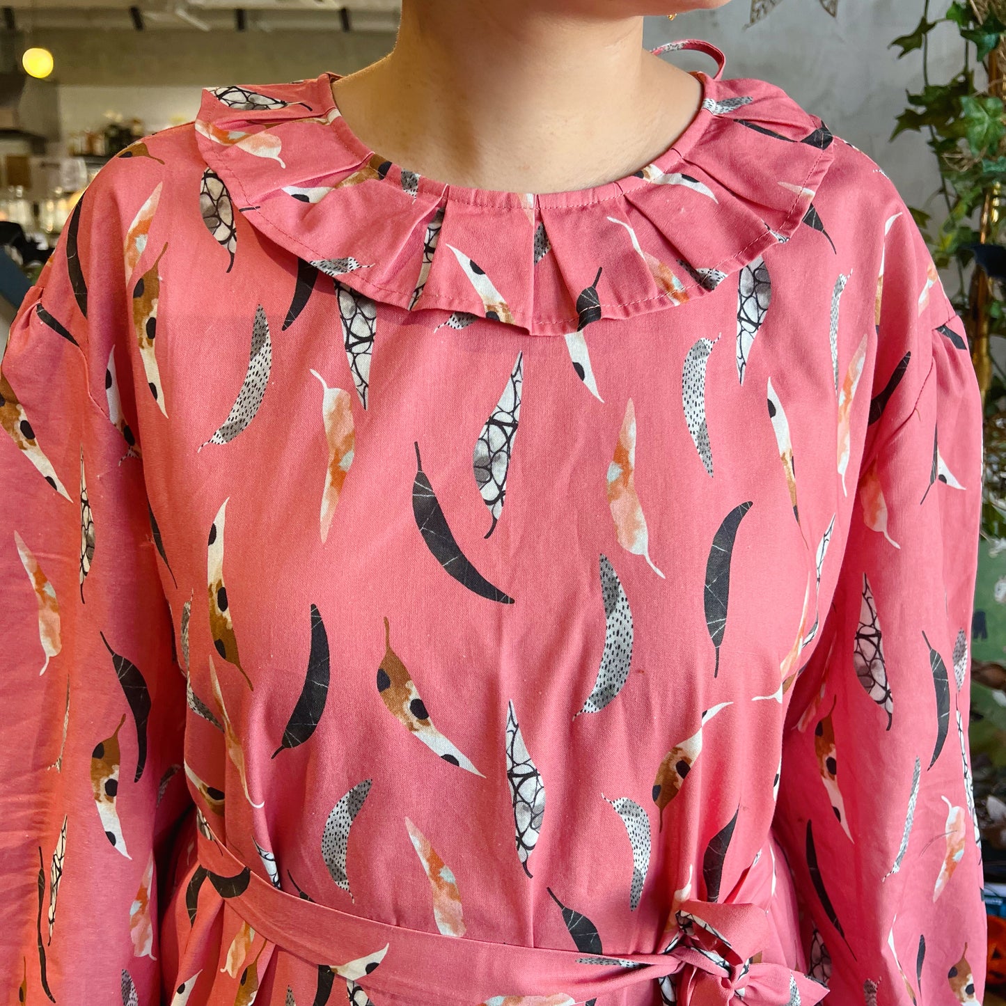 Feathers and pattern dress