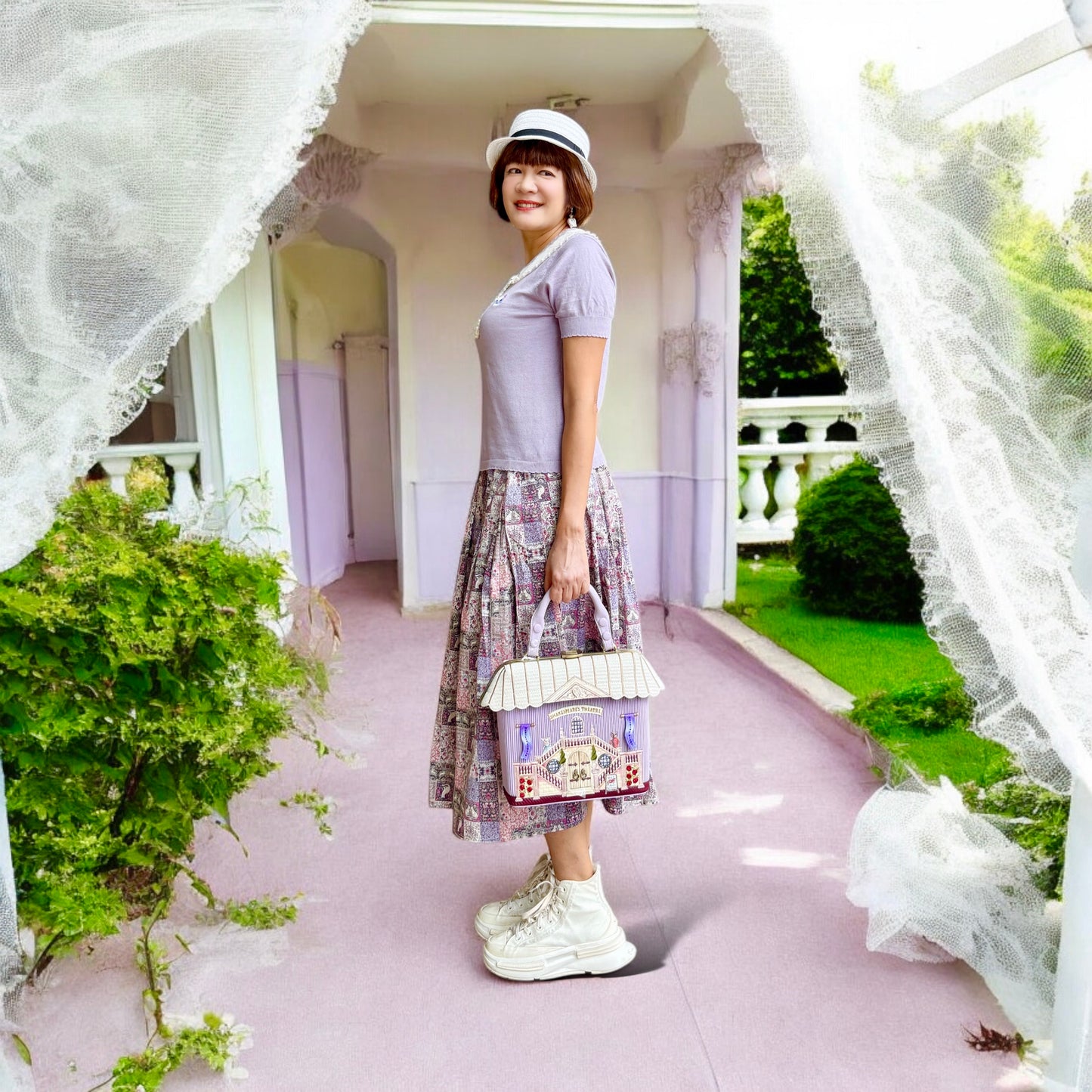 Gardening animals pattern midi skirt (purple )