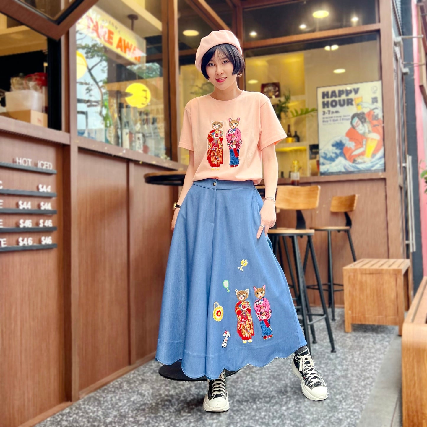 Kimono cat embroidery skirt pants