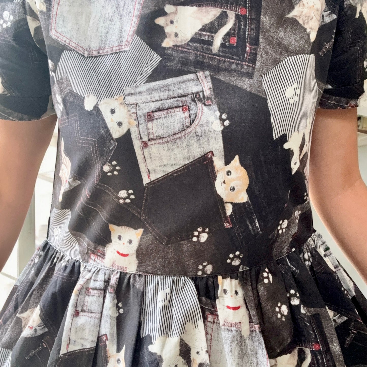 Cats hiding at jeans pattern one piece