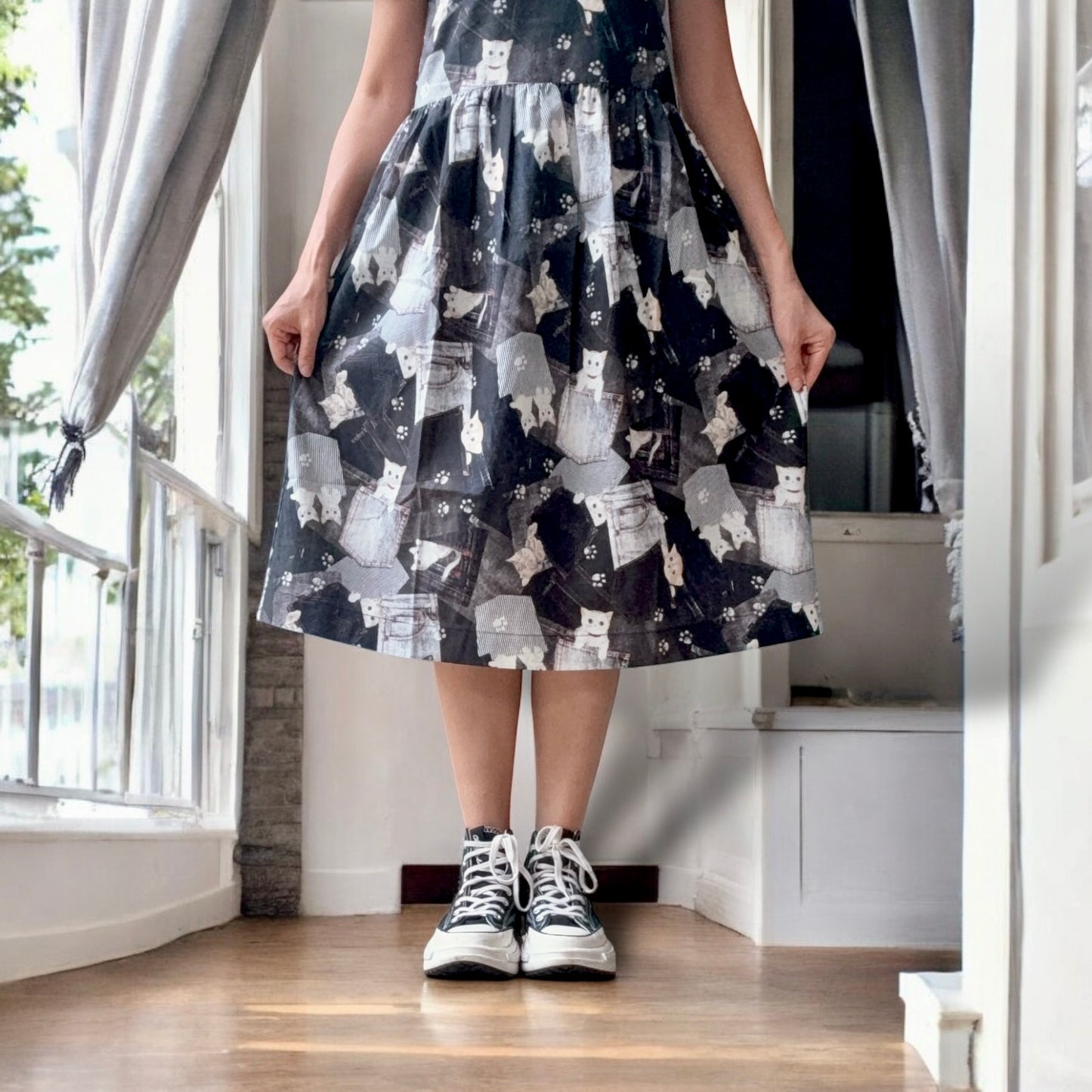 Cats hiding at jeans pattern one piece