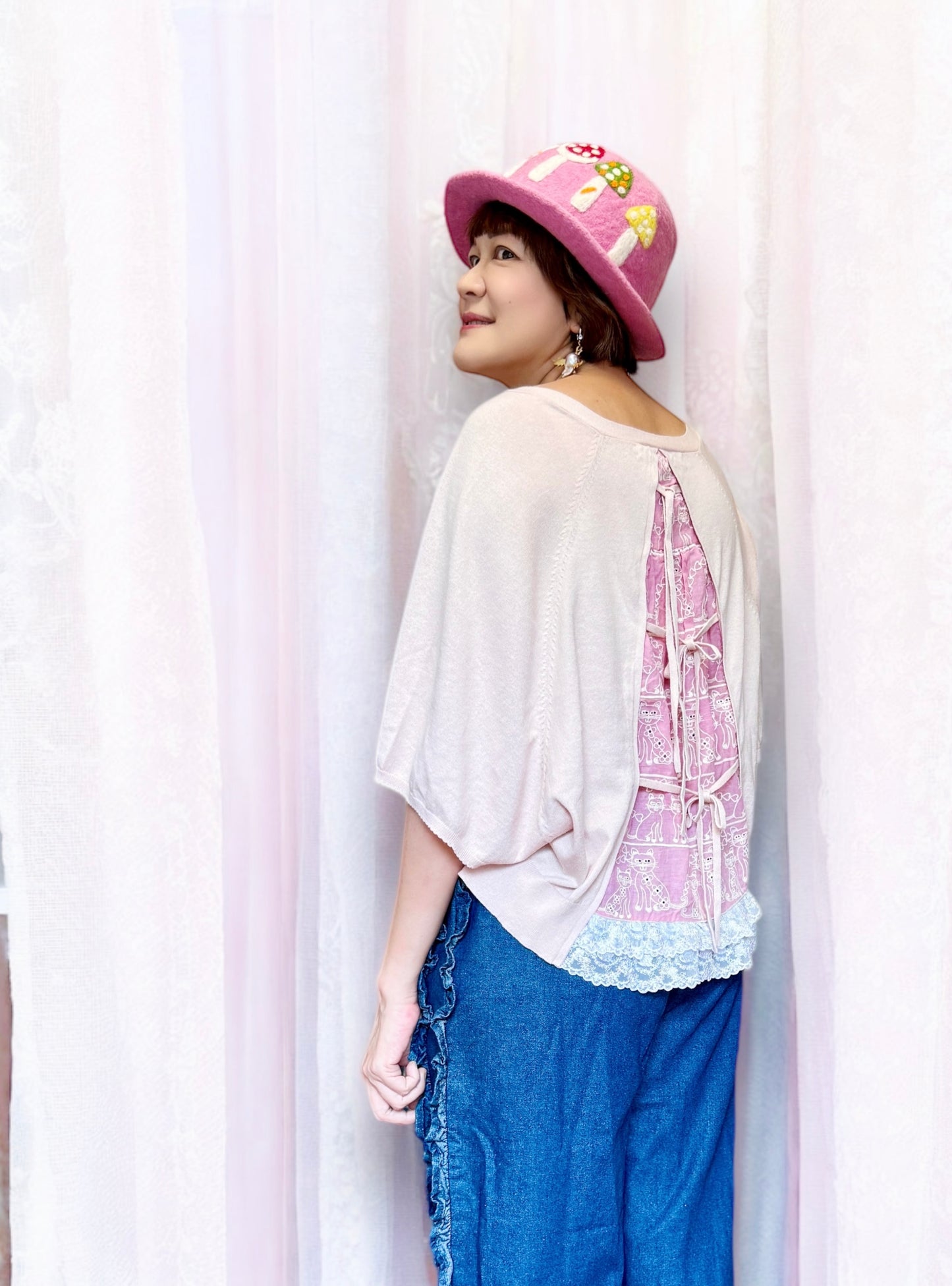 Cat lace fabric cotton cardigan